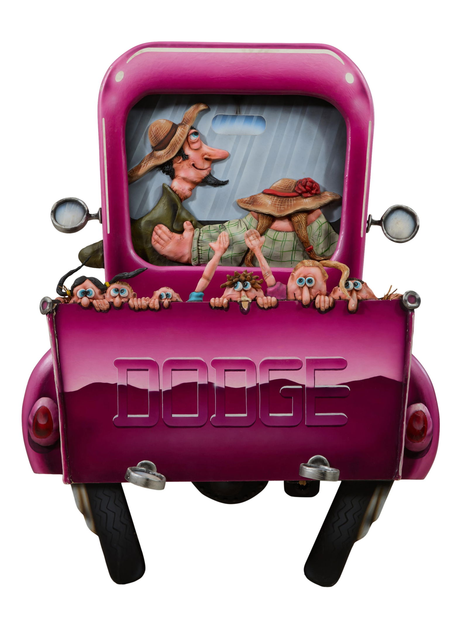 Todd Warner (American/Texas, 1945-2022), "Farmer Family in an Old Fuchsia Dodge Pickup," H.- 60 in.,: Todd Warner (American/Texas, 1945-2022), "Farmer Family in an Old Fuchsia Dodge Pickup," mixed media wall sculpture, unsigned, H.- 60 in., W.- 45 in., D.- 10 in. Provenance: The Estate of Joseph A. Ja