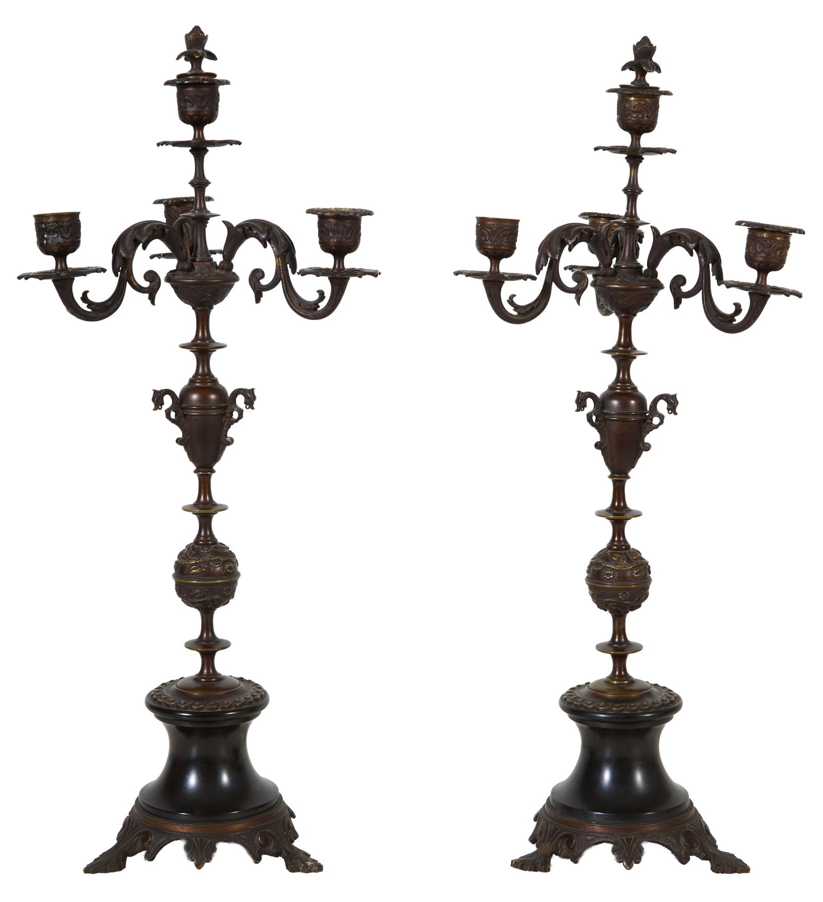 Pair of Patinated Bronze Four Light Candelabra, early 20th c., Each- H.- 21 1/2 in., Dia.- 9 in. (2 (1 of 2)