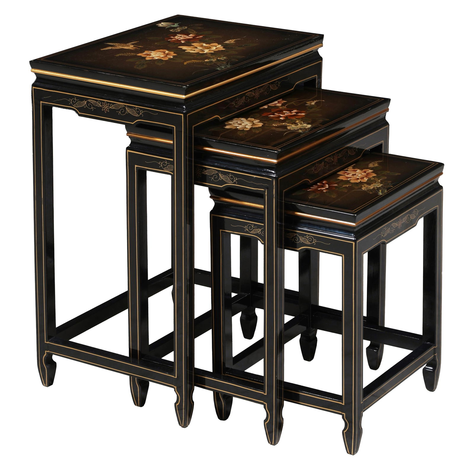 Three Chinese Floral Painted and Lacquered Nesting Tables, 20th c., Largest- H.- 24 in., W.- 18 in., (1 of 3)