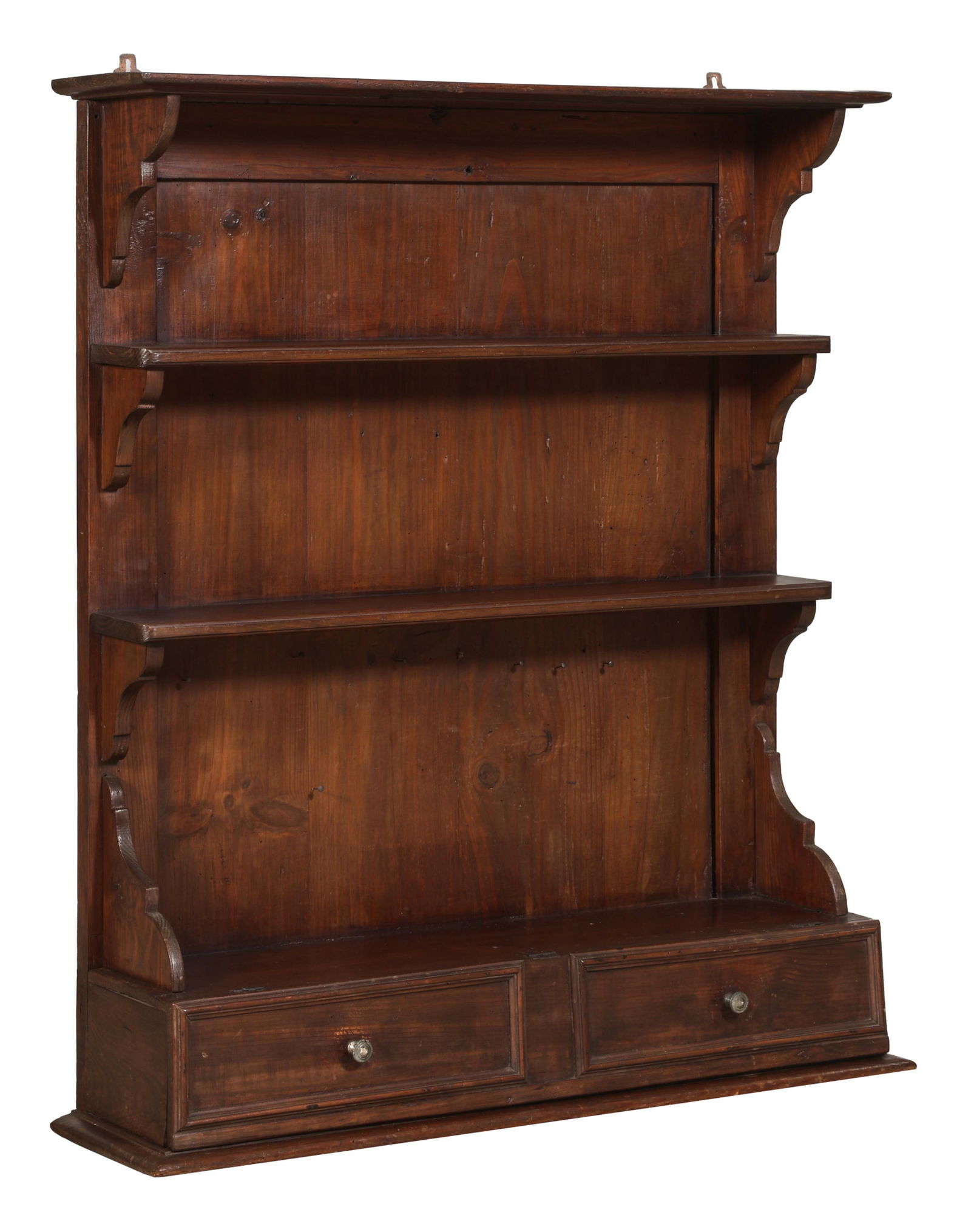 French Provincial Walnut Hanging Wall Shelf, 20th c., H.- 40 1/4 in., W.- 34 1/2 in., D.- 9 1/4 in. (1 of 2)