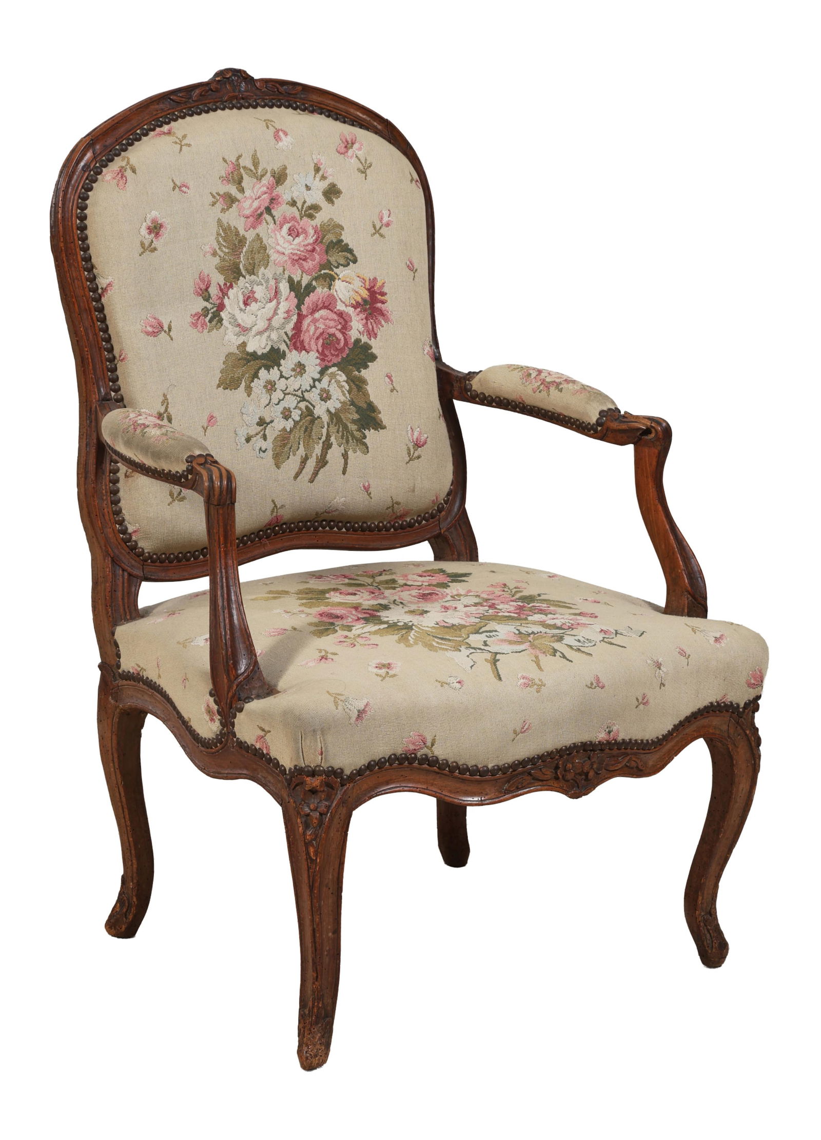 French Louis XV Style Fauteuil, late 19th c., H.- 36 in., W.- 25 in., D.- 22 in. (1 of 2)