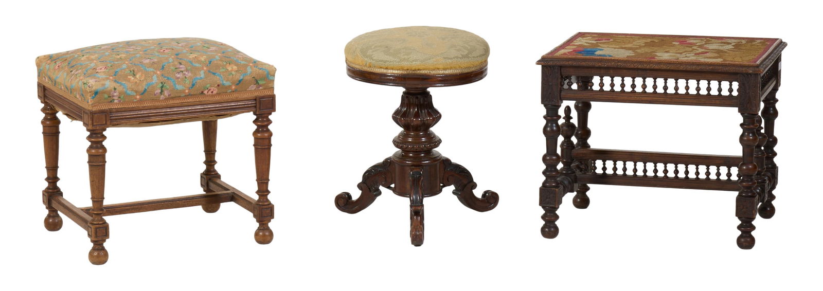 Three French Stools, 19th/20th c., Round Stool- H.- 18 1/4 in., Dia.- 14 in. (3 Pcs.) (1 of 4)