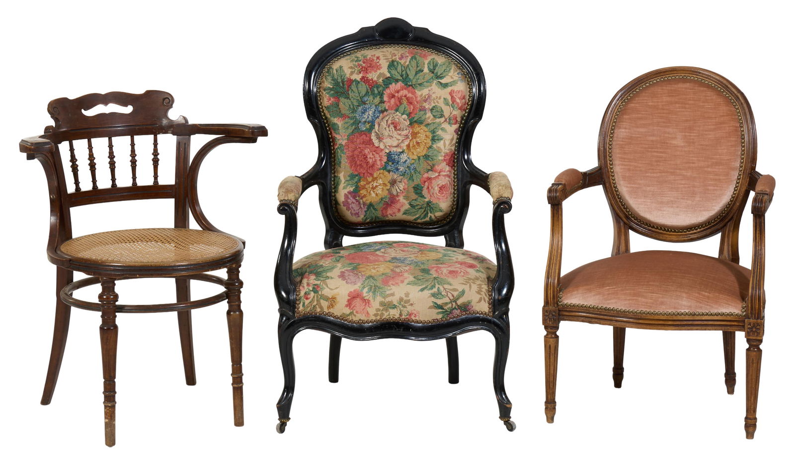 Three French Armchairs, 19th/20th c., Floral- H.- 10 1/4 in., W.- 24 1/4 in., D.- 22 in. (3 Pcs.) (1 of 4)