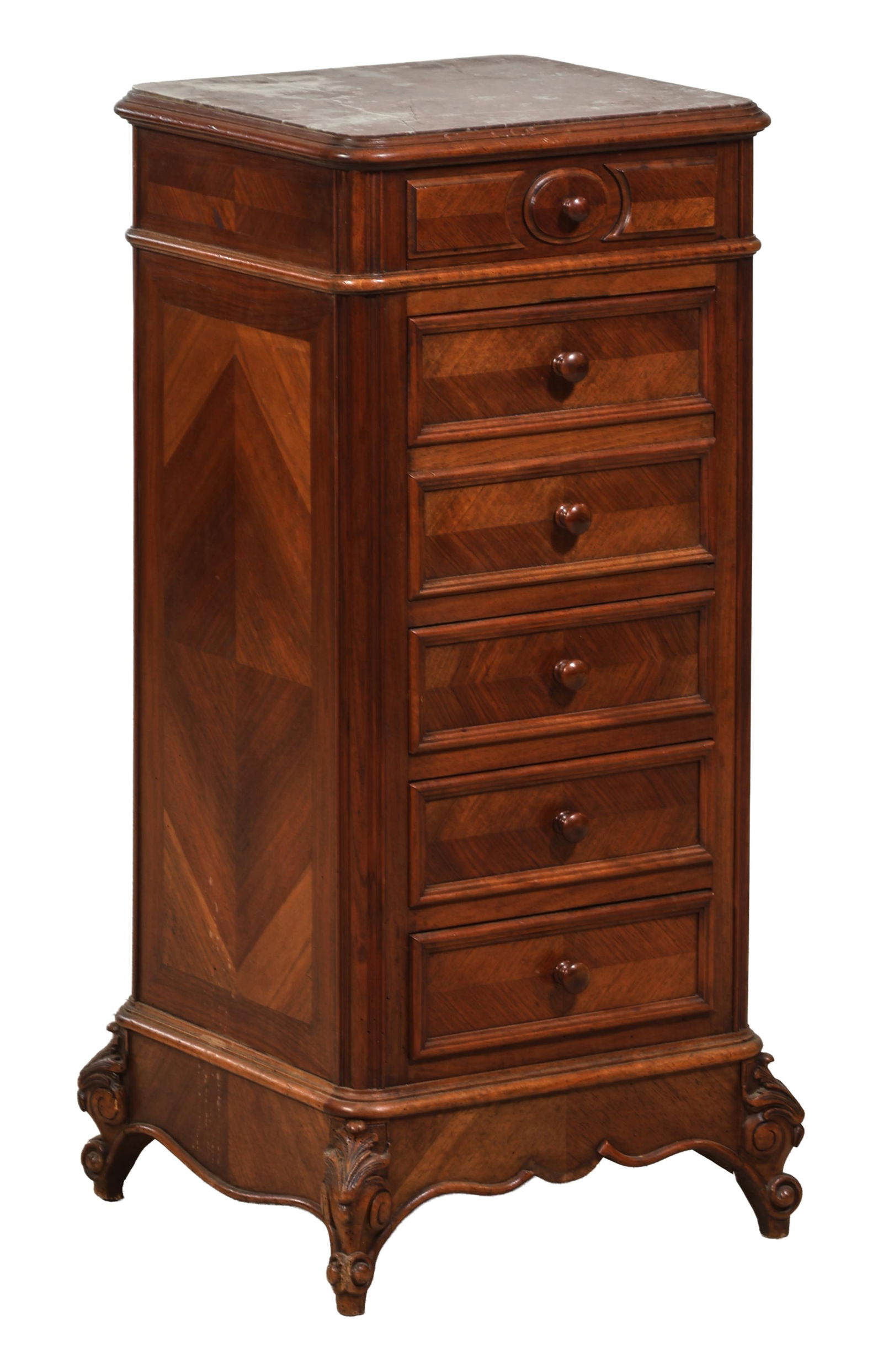 French Napoleon III Marble Top Parquetry Nightstand, late 19th c., H.- 36 1/4 in., W.- 16 1/4 in., (1 of 2)