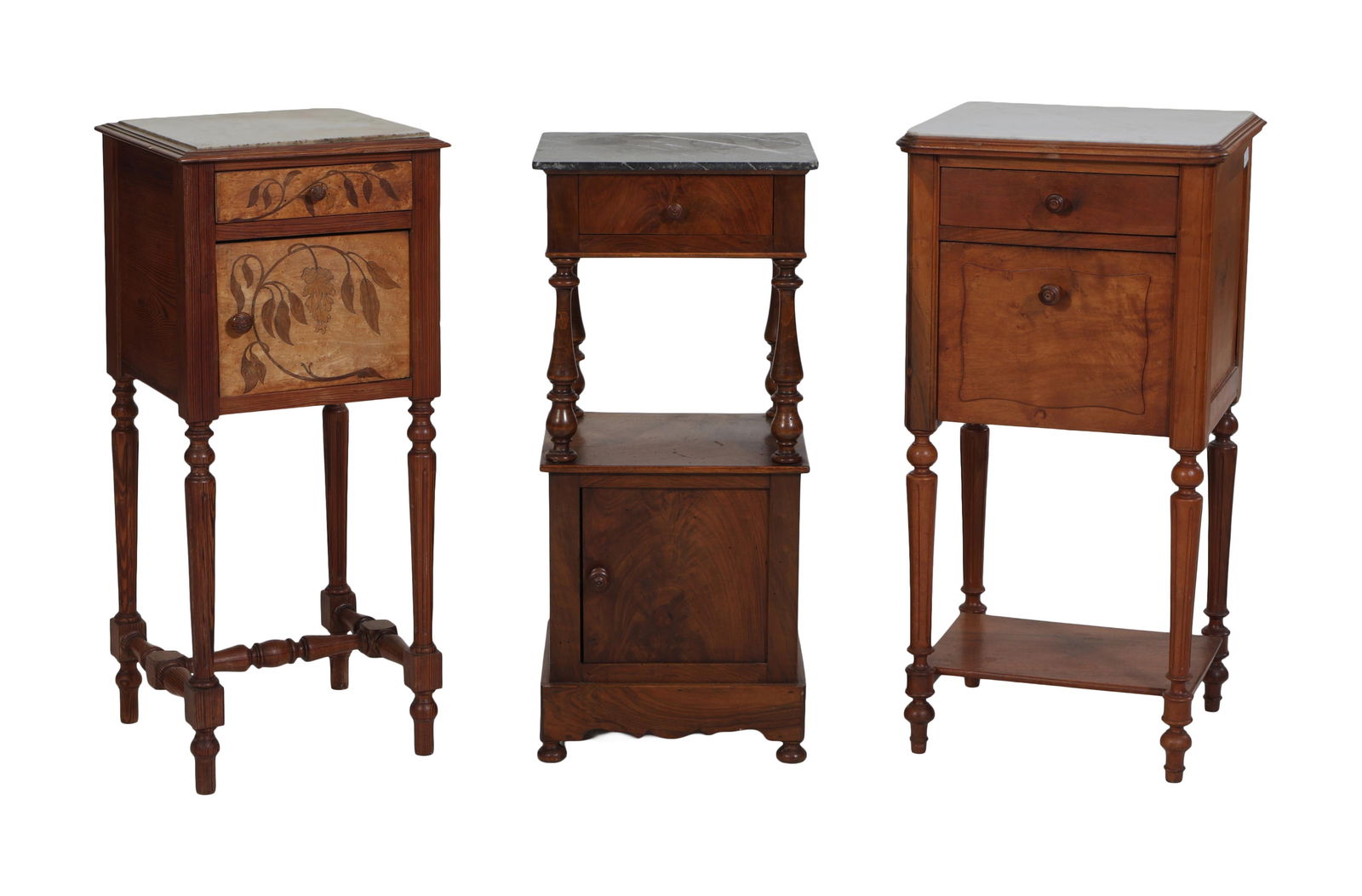 Three French Henri II Style Marble Top Nightstands, late 19th c., Tallest- H.- 32 in., W.- 16 1/2 (1 of 5)