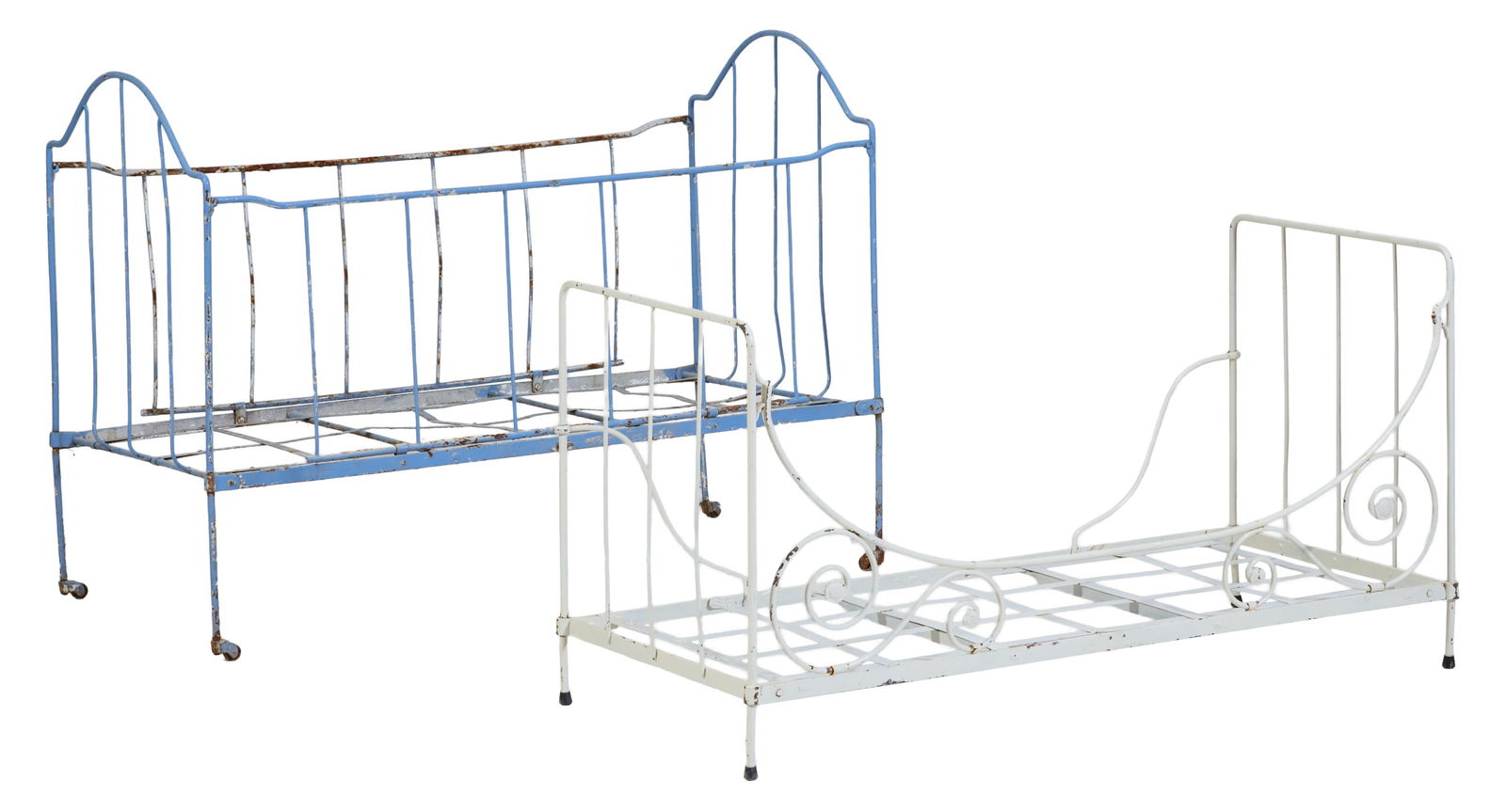 Two French Wrought Iron Child's Beds, late 19th c., Blue- H.- 37 in., W.- 51 in., D.- 24 in.; White- (1 of 4)