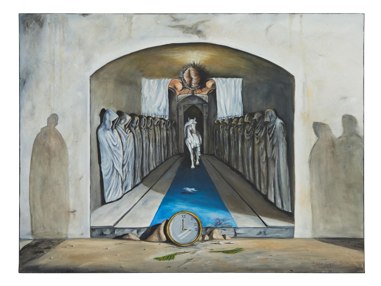 Carlos Augusto Solis (Venezuelan, b. 1966), "Untitled: The White Horse," 2010, H.- 30 in., W.- 40: Carlos Augusto Solis (Venezuelan, b. 1966), "Untitled: The White Horse," 2010, oil on canvas, signed lower right, signed, titled and dated en verso, H.- 30 in., W.- 40 in. Provenance: The Estate of Jo