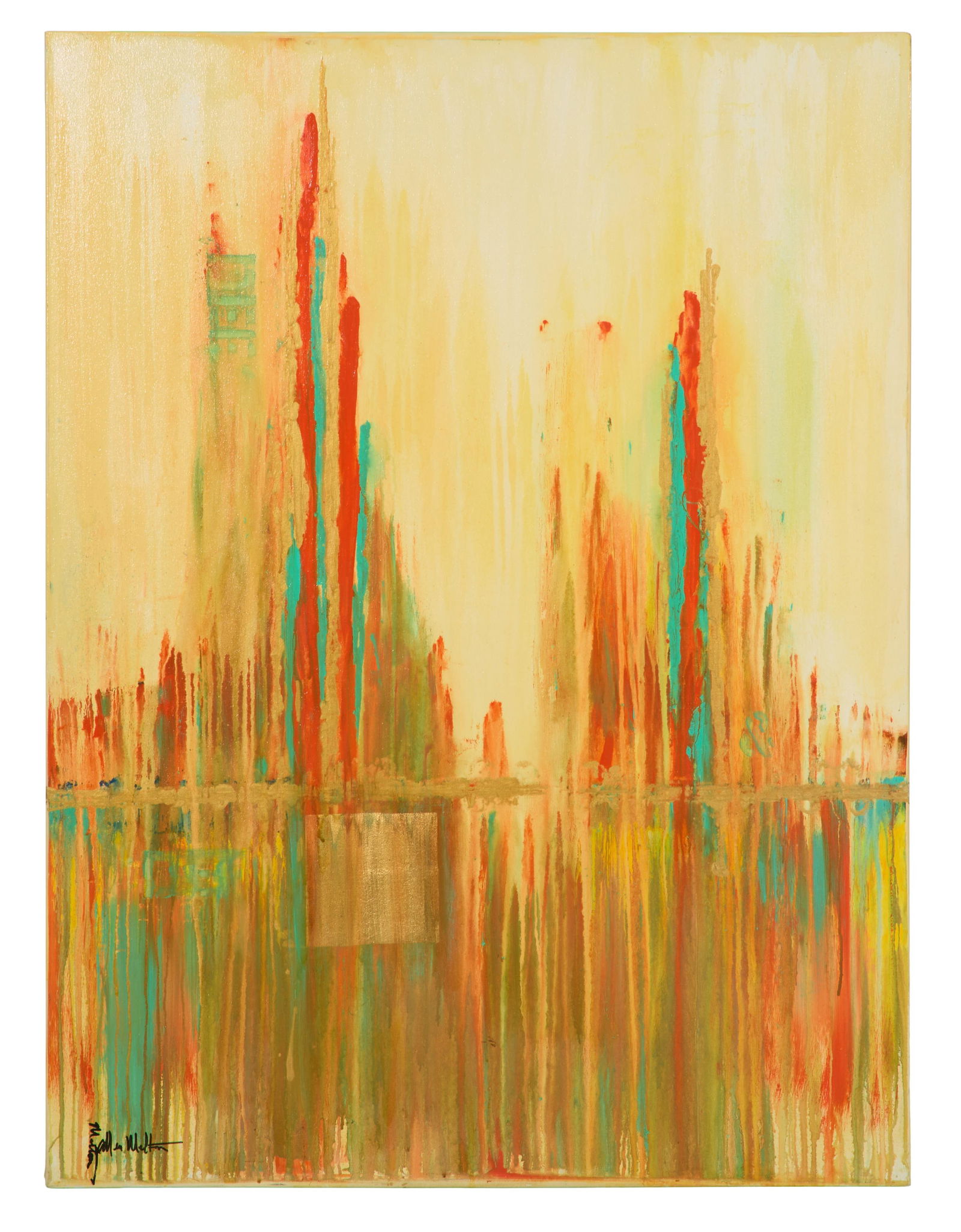 Allen Melton (American/Mississippi, b. 1964), "Untitled: Yellow, Green and Burnt Orange Abstract,": Allen Melton (American/Mississippi, b. 1964), "Untitled: Yellow, Green and Burnt Orange Abstract," acrylic on canvas, signed lower left, unframed, H.- 48 in., W.- 36 in. Provenance: The Estate of Jose