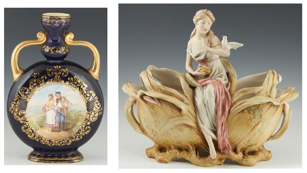 Two Porcelain Items, c. 1900, Dux- H.- 14 1/2 in., W.- 16 in., D.- 7 in., Fischer- H.- 13 3/4 in., (1 of 6)