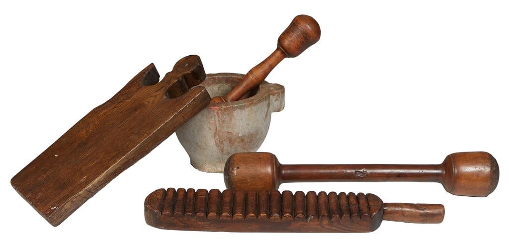 Group of Five Antique Kitchen Items, 19th c., Mortar- H.- 7 1/2 in., W.- 12 in., D.- 9 1/2 in.; (1 of 1)