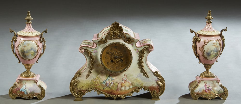 Three Piece French Ormolu Mounted China Clock Set, late 19th c., Clock- H.- 12 in., W.- 14 3/8 in., (1 of 1)