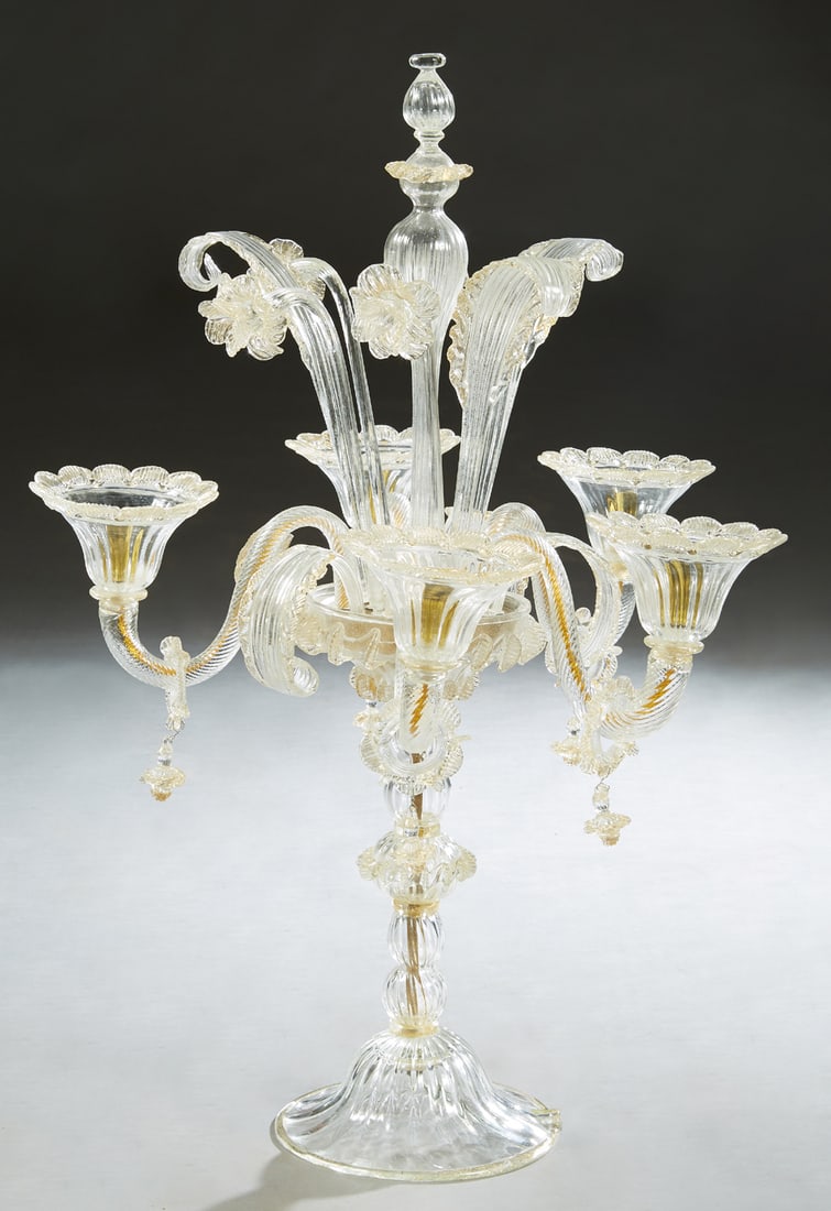 Unusual Venetian Murano Glass Five Light Table Lamp, 20th c., H.- 31 in., Dia.- 22 1/2 in. (1 of 1)