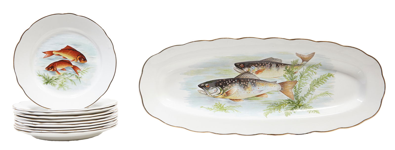 French Eleven Piece Ceramic Fish Set, 20th c., Plate- H.- 1 1/8 in., Dia.- 9 3/8 in.; Platter- H.- 1 (1 of 2)