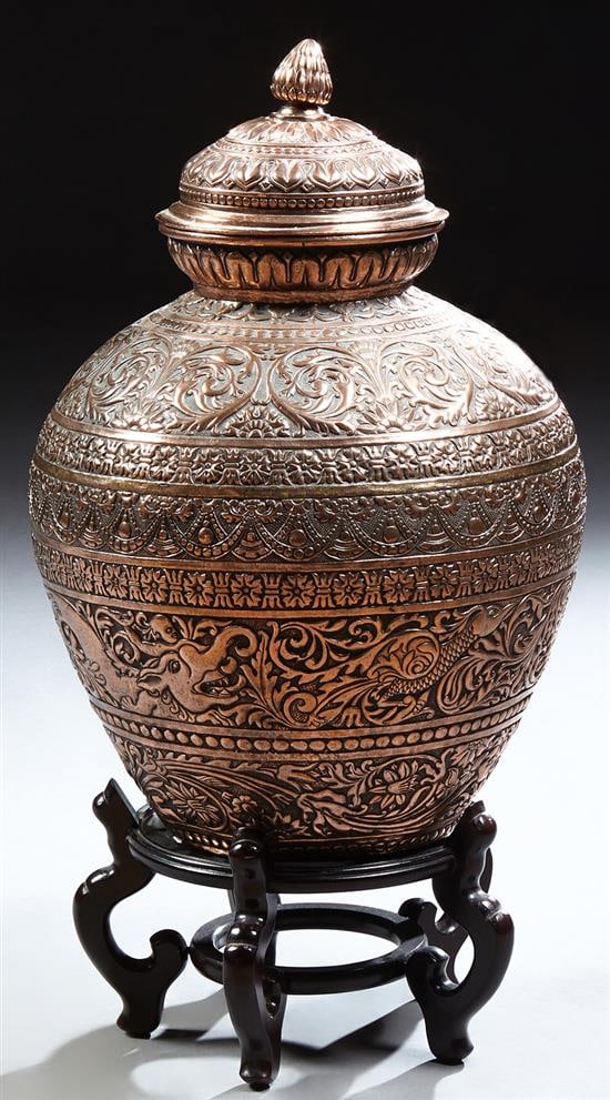Large Relief Decorated Copper Covered Baluster Urn, 20th c., Urn- H.- 26 in., Dia.- 18 in., Stand- (1 of 1)