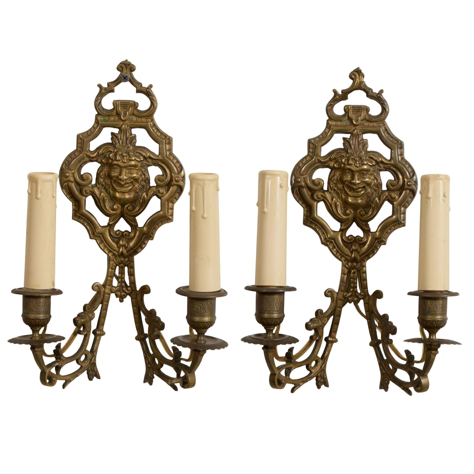 Pair of Napoleon III Style Bronze Two Light Sconces, 20th c., Each- H.- 11 1/2 in., W.- 7 1/2 in., (1 of 3)