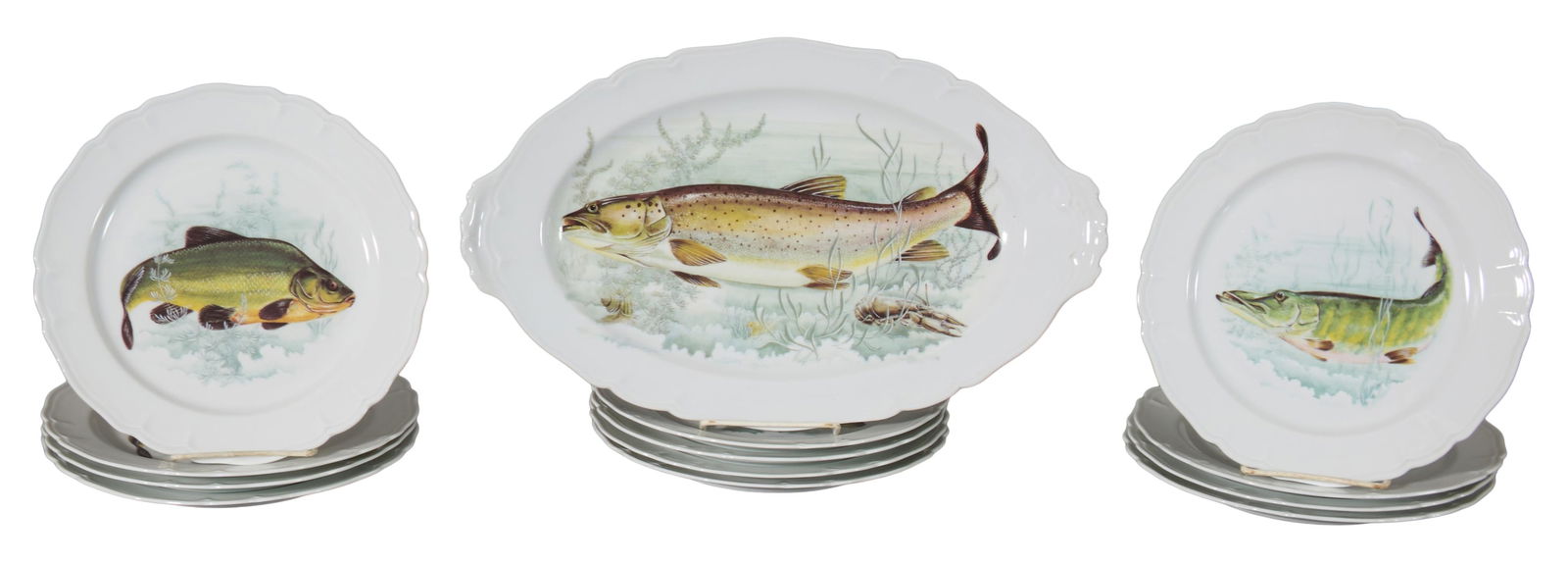 Thirteen Piece French Limoges Porcelain Fish Set, 20th c., Platter- H.- 1 1/2 in., W.- 16 1/2 in., (1 of 5)