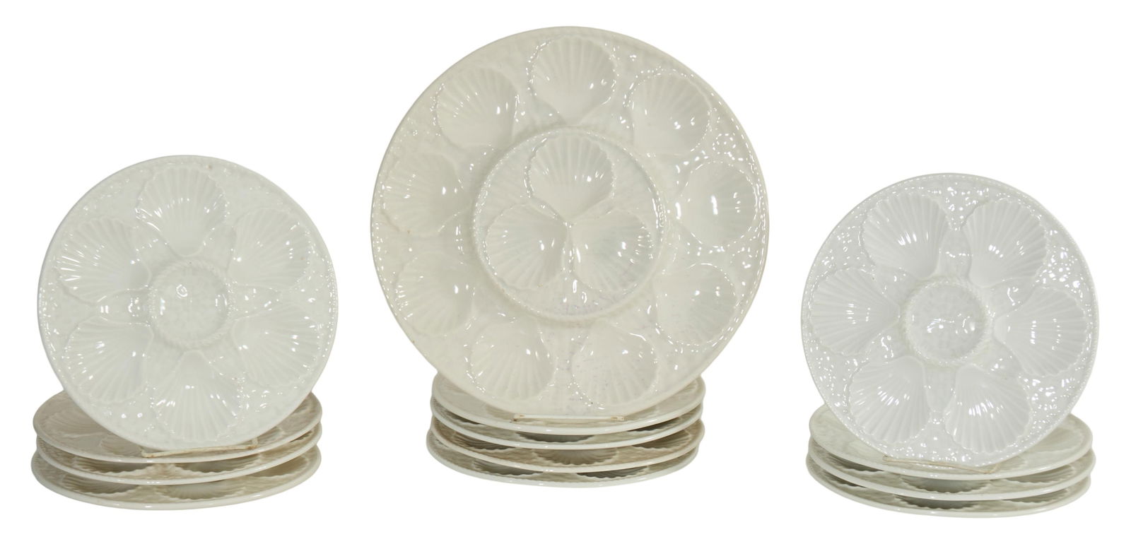 Thirteen Piece French Ceramic Assembled Oyster Set, 20th c., Plate- H.- 3/4 in., Dia.- 9 1/2 in.; (1 of 3)