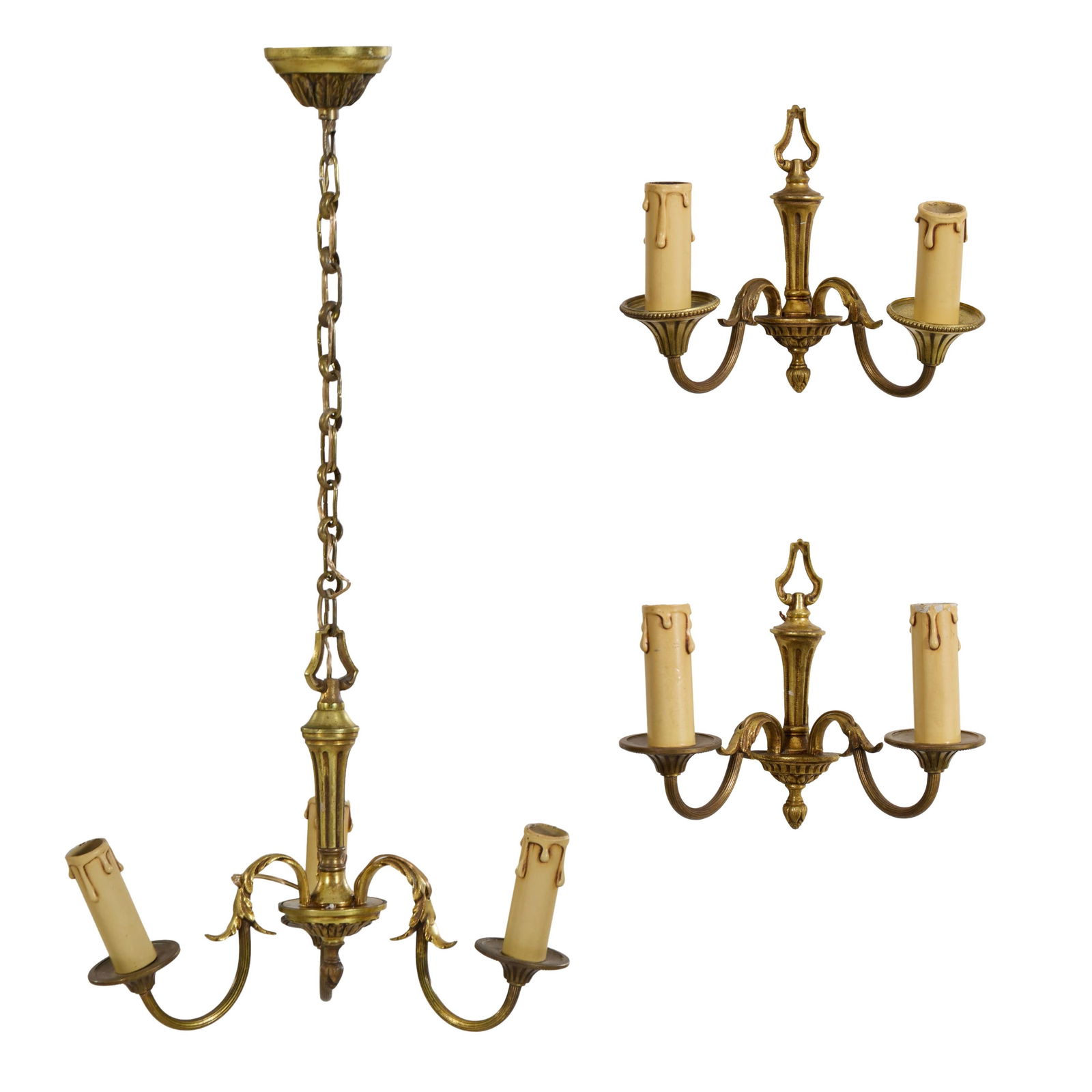 Three Piece French Louis XVI Style Bronze Lighting Set, 20th c., Sconce- H.- 7 in., W.- 8 in., D.- 4 (1 of 5)