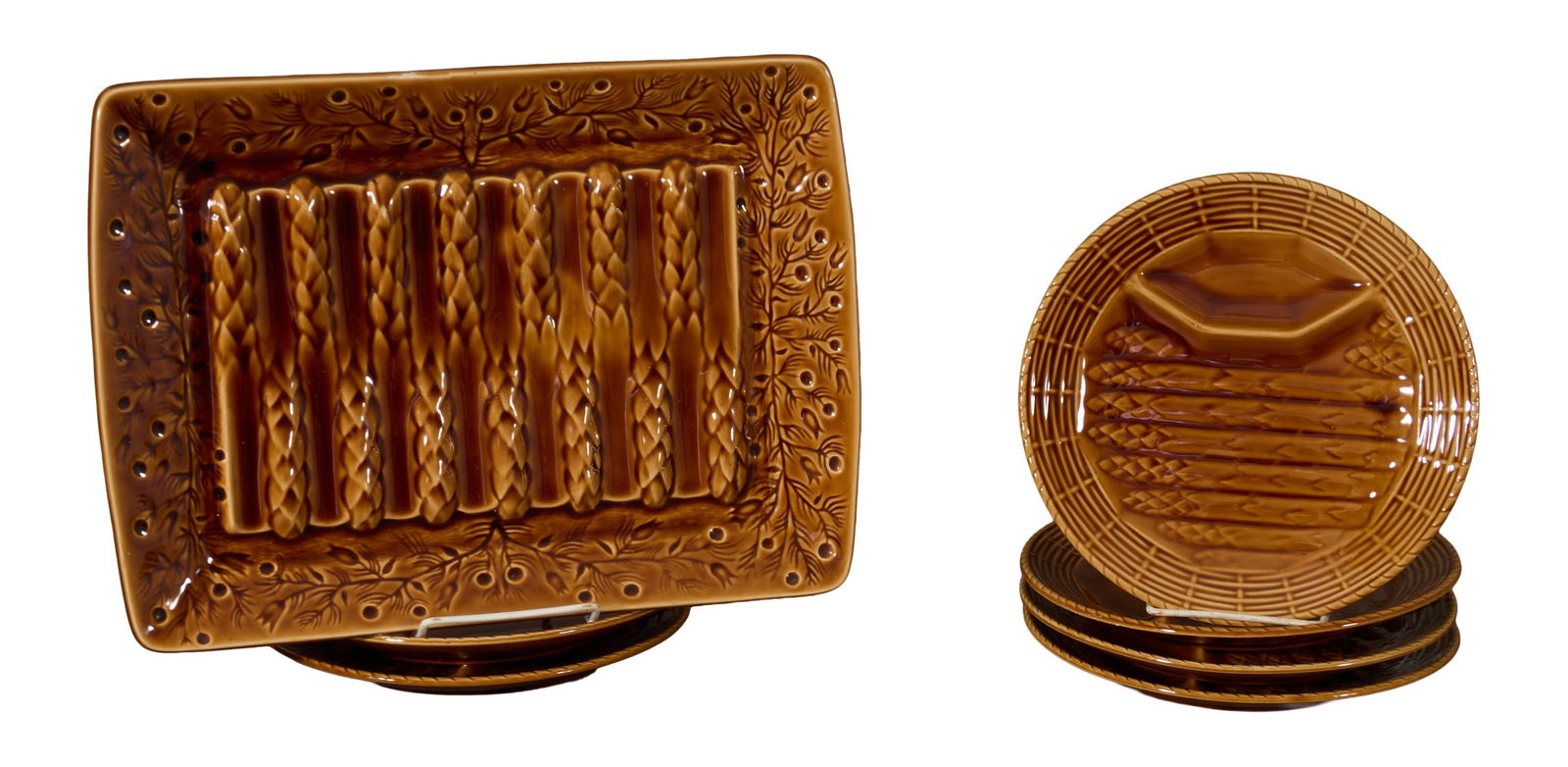 Seven Piece French Ceramic Asparagus Set, 20th c., Plates- H.- 1 in., Dia.- 9 1/4 in.; Platter- H.- (1 of 3)