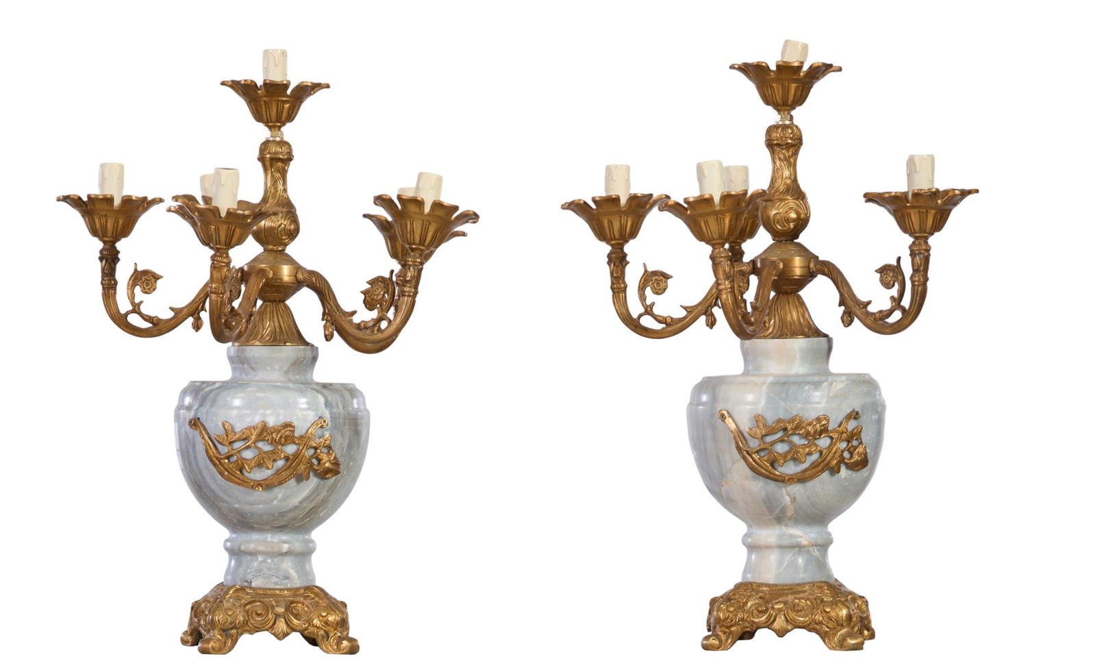 Unusual Large Pair of White Marble and Bronze Six Light Candelabra, 21st c., Each- H.- 26 1/2 in., (1 of 1)