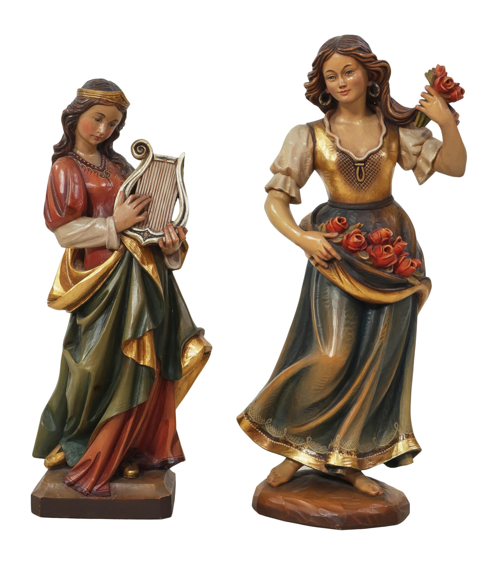 Pair of German Polychromed Statues of Women, early 20th c., Angel- H.- 22 in., W.- 9 in., D.- 6 in.;: Pair of German Polychromed Statues of Women, early 20th c., one an angel with a harp, the second of a woman gathering roses, Angel- H.- 22 in., W.- 9 in., D.- 6 in.; Roses- H.- 23 1/2 in., W.- 8 in.,