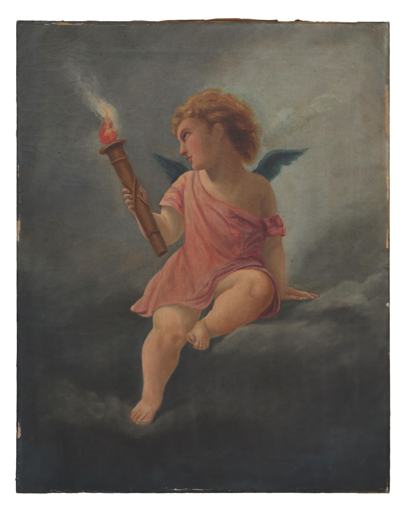 Continental School (Late 19th/Early 20th Century), "Cherub with Torch," H.- 29 in., W.- 23 in.: Continental School (Late 19th/Early 20th Century), "Cherub with Torch," oil on canvas, unsigned, monogrammed "L.K." en verso, unframed, H.- 29 in., W.- 23 in.