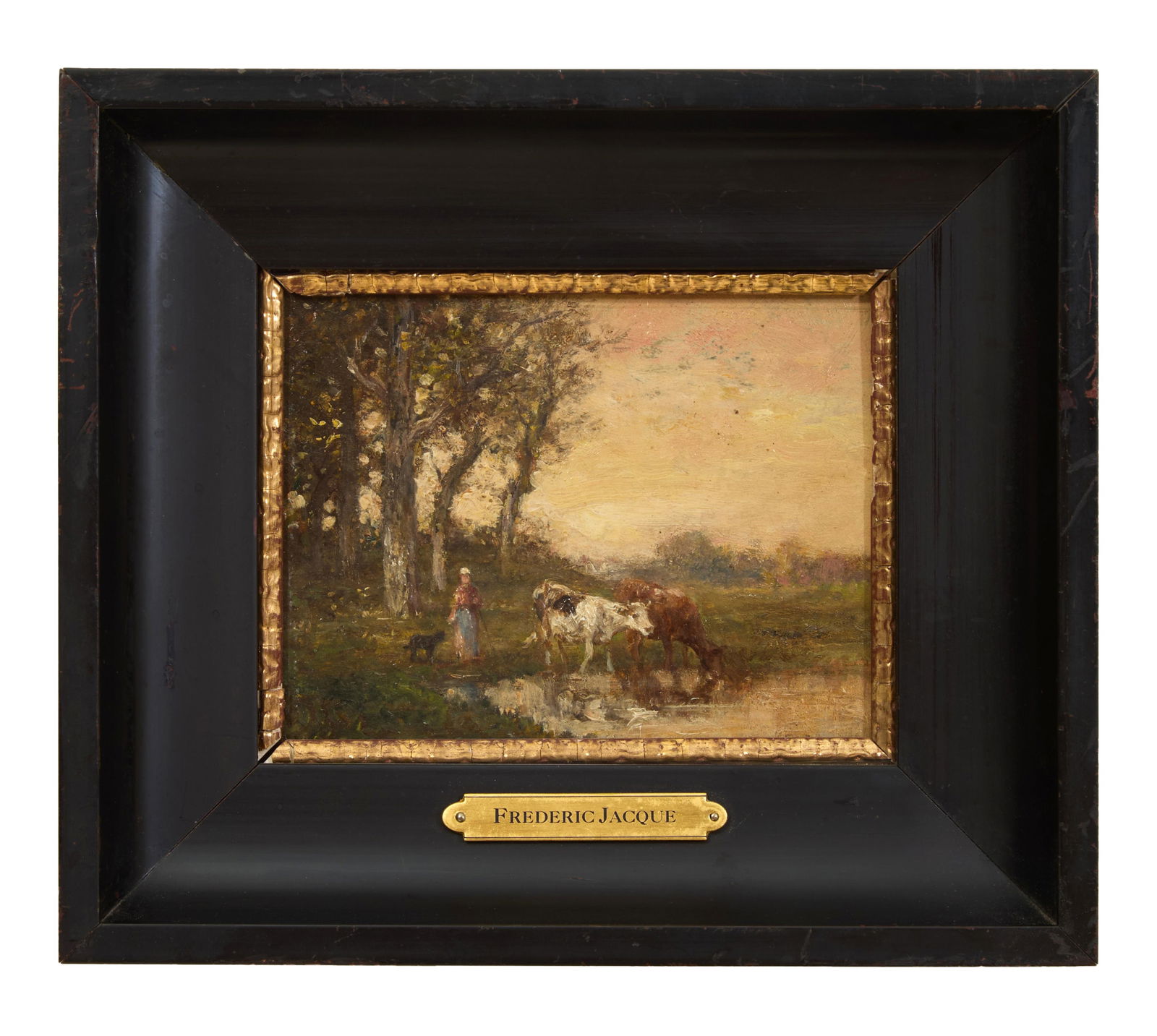 Frederic Jacque (French, 1859-1931), "Maiden with Dog Pasturing the Cattle," H.- 5 1/8 in., W.- 6: Frederic Jacque (French, 1859-1931), "Maiden with Dog Pasturing the Cattle," oil on wood panel, monogrammed lower right, presented in an ebonized wood frame with a gilt liner and brass artist plaque,