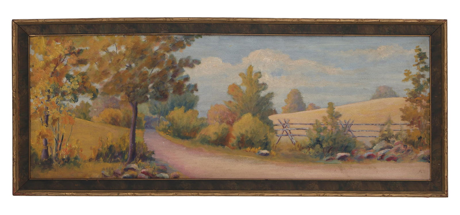 American School, "Country Road in the Hills," early 20th c., H.- 12 3/4 in., W.- 35 1/2 in., Framed-: American School, "Country Road in the Hills," early 20th c., oil on board, unsigned, presented in a giltwood frame, H.- 12 3/4 in., W.- 35 1/2 in., Framed- H.- 15 5/8 in., W.- 38 1/8 in.