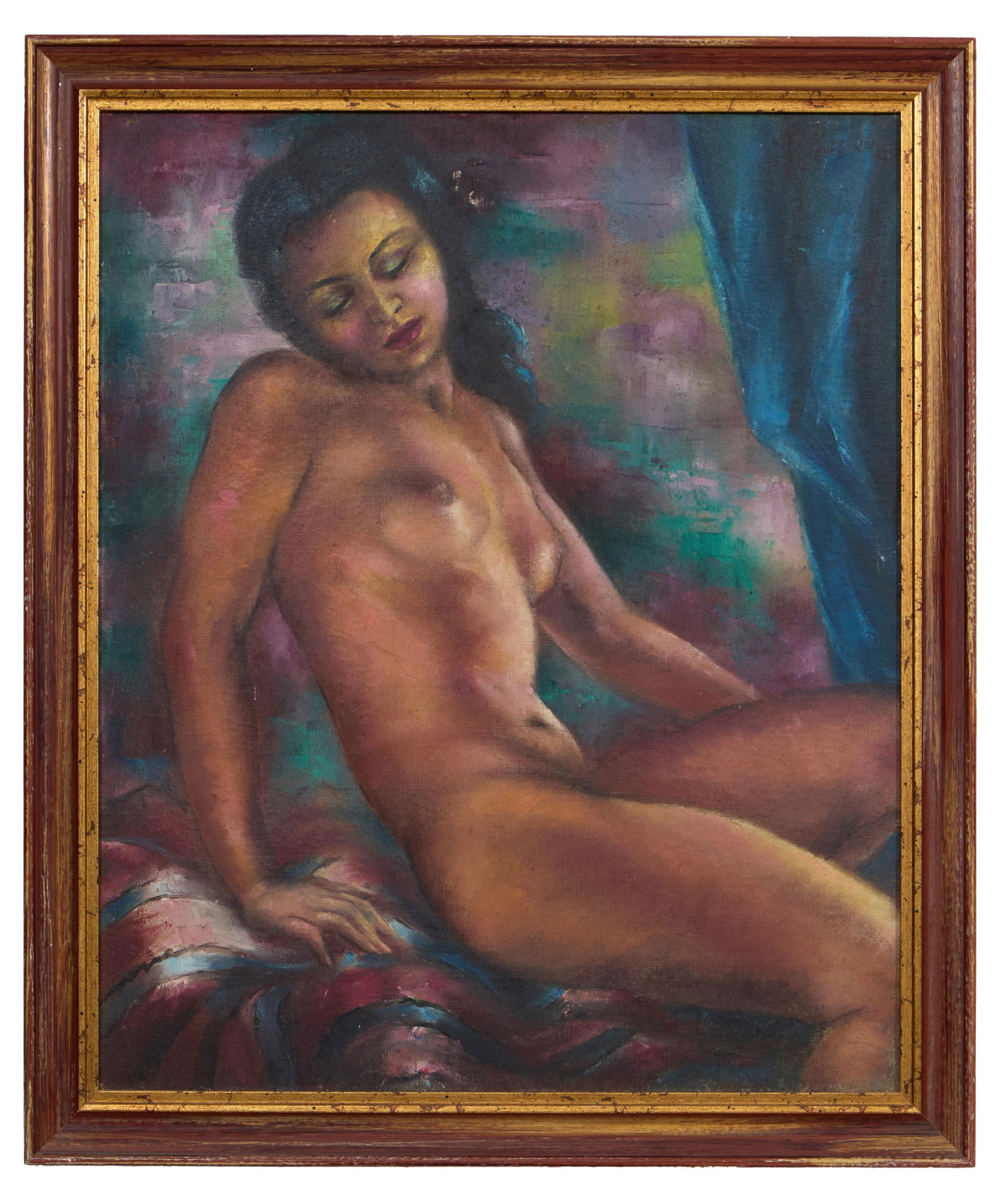 Continental School (20th Century), "Nostalgie (Reclining Female Nude)," H.- 23 7/8 in., W.- 19 3/4: Continental School (20th Century), "Nostalgie (Reclining Female Nude)," oil on canvas, signed "M. Kauser" upper right, further signed and titled en verso, presented in a wood frame with a gilt liner,