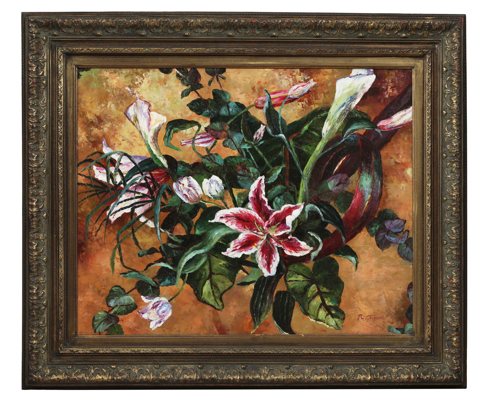 R. Stevens, "Floral Still Life of Red and White Stargazer Lillies," H.- 24 in., W.- 30 1/8 in., (1 of 4)