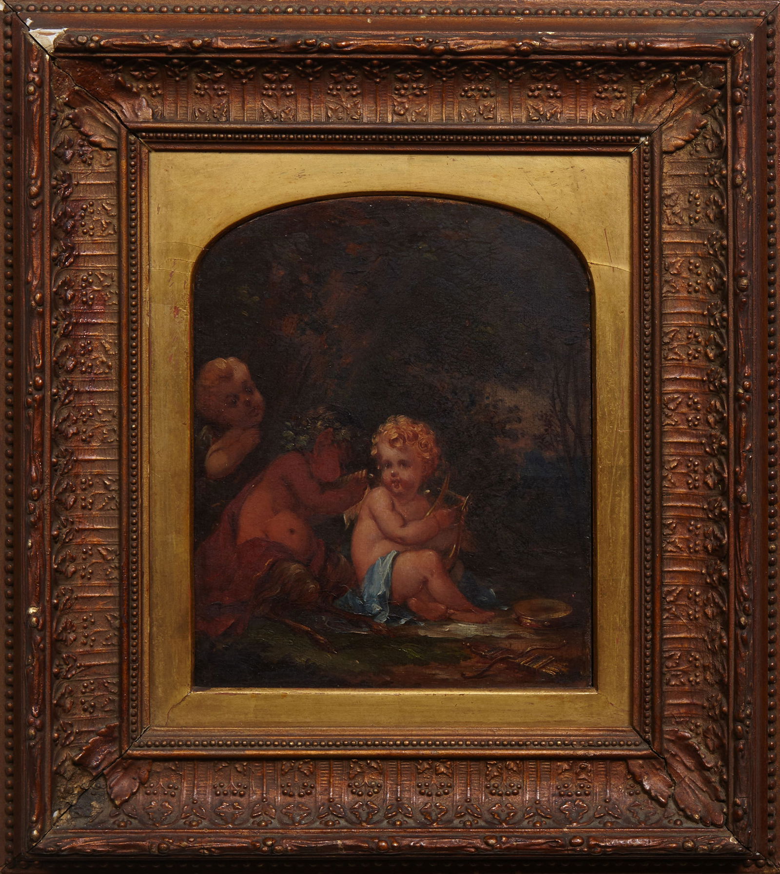 British School, "Cupids Listening to Pan's Pipes," 1870, H.- 10 1/4 in., W.- 7 7/8 in., Framed- H.- (1 of 5)