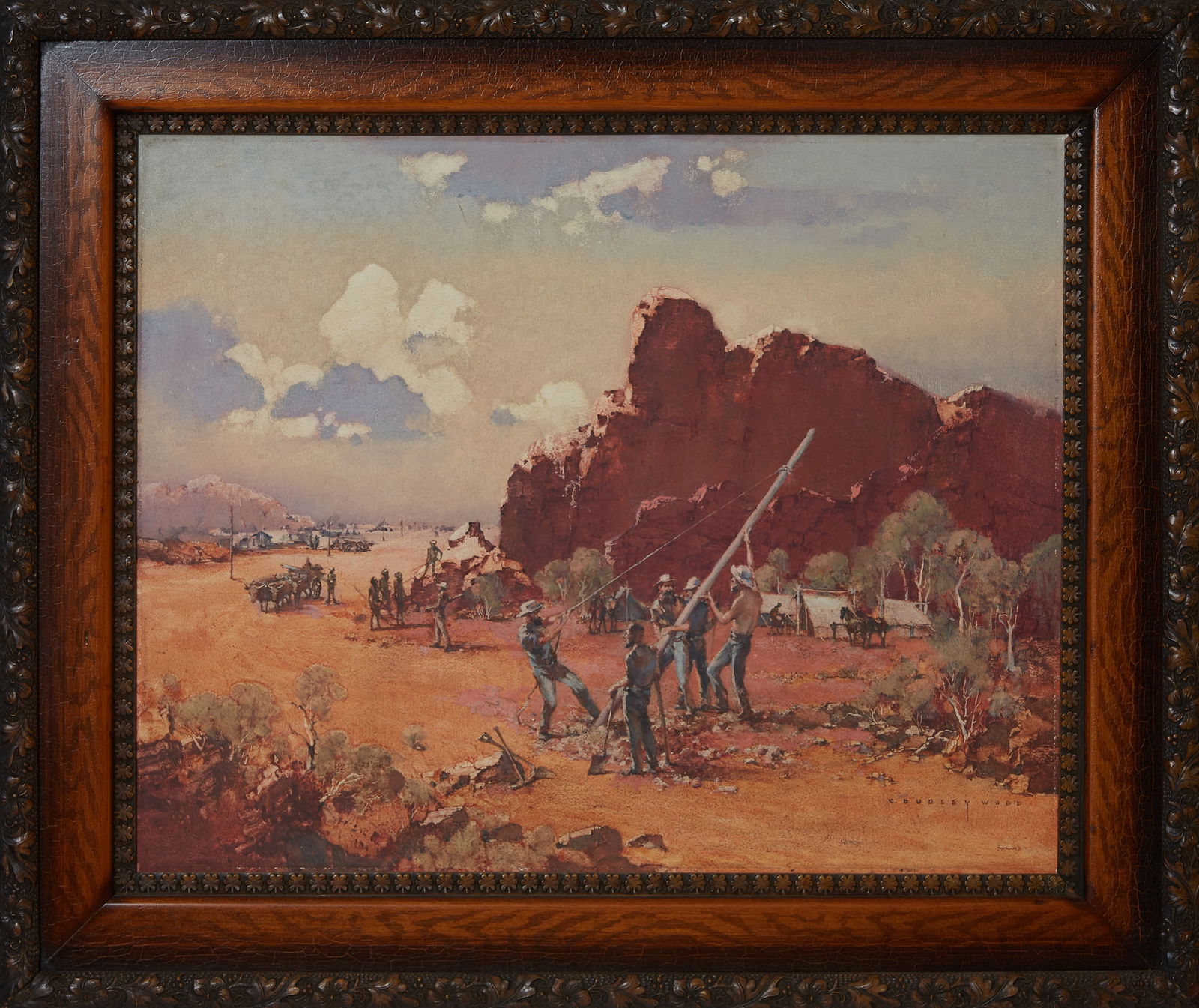 Clifford Dudley Wood (Australian, 1905-1980), "Constructing the Overland Telegraph, 1871," H.- 24: Clifford Dudley Wood (Australian, 1905-1980), "Constructing the Overland Telegraph, 1871," oil on masonite, signed lower right, titled en verso, presented in a wood frame, H.- 24 in., W.- 30 in., Fram