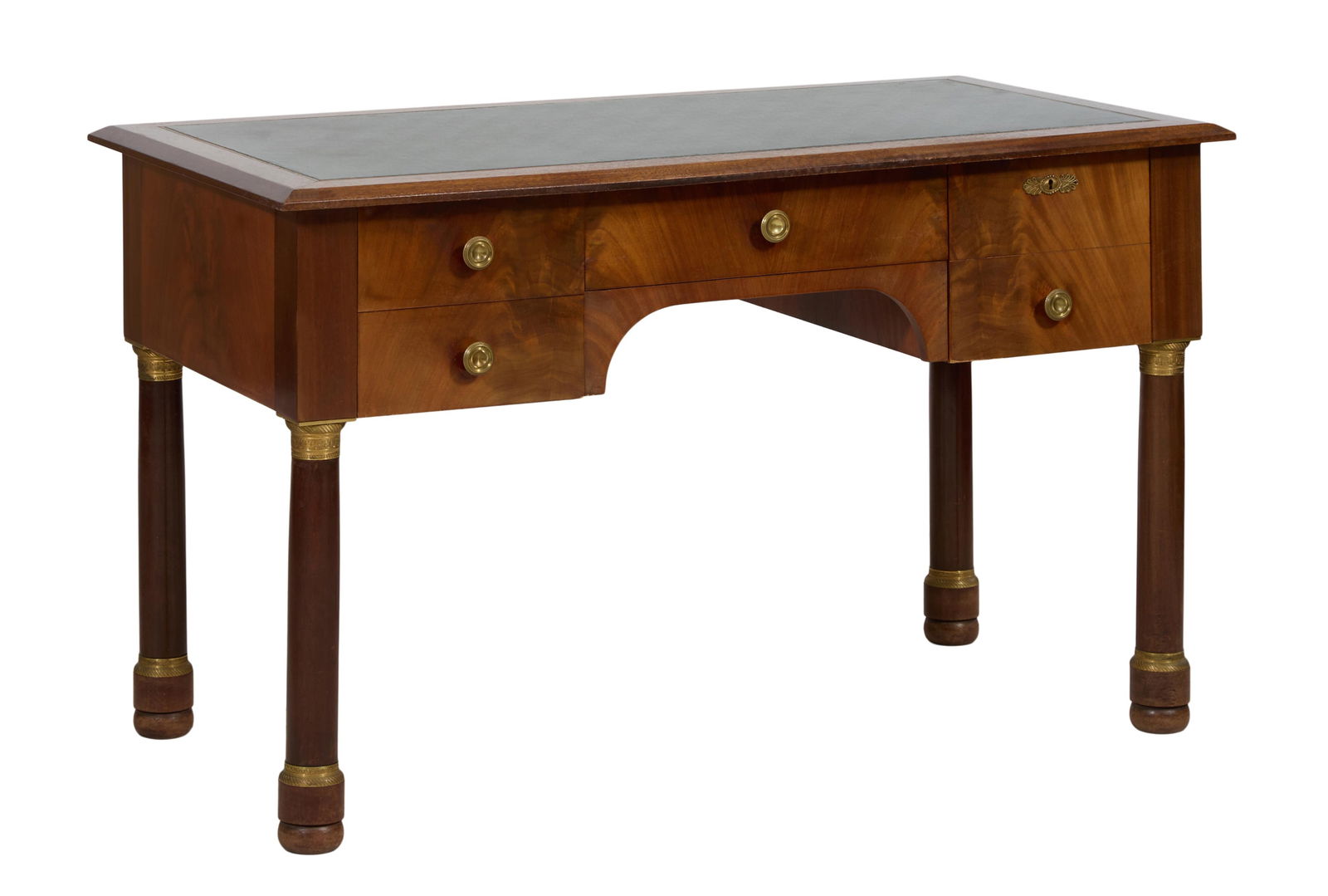 French Empire Style Ormolu Mounted Walnut Writing Desk, mid 19th c., H.- 30 3/4 in., W.- 51 in., D.-: French Empire Style Ormolu Mounted Walnut Writing Desk, mid 19th c., the leather inset writing surface, with molded edge, central drawer with lower arched opening, flanked by two drawers on one side a