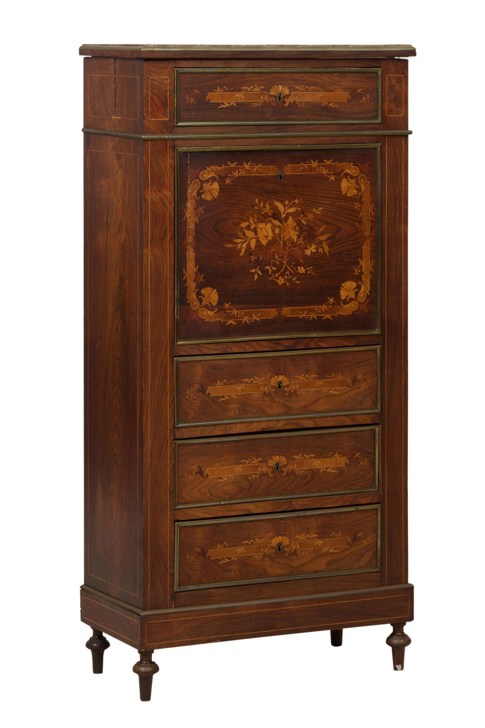 French Napoleon III Marble Top Brass Mounted Marquetry Kingwood Secretaire a Abattant, late 19th c., (1 of 4)