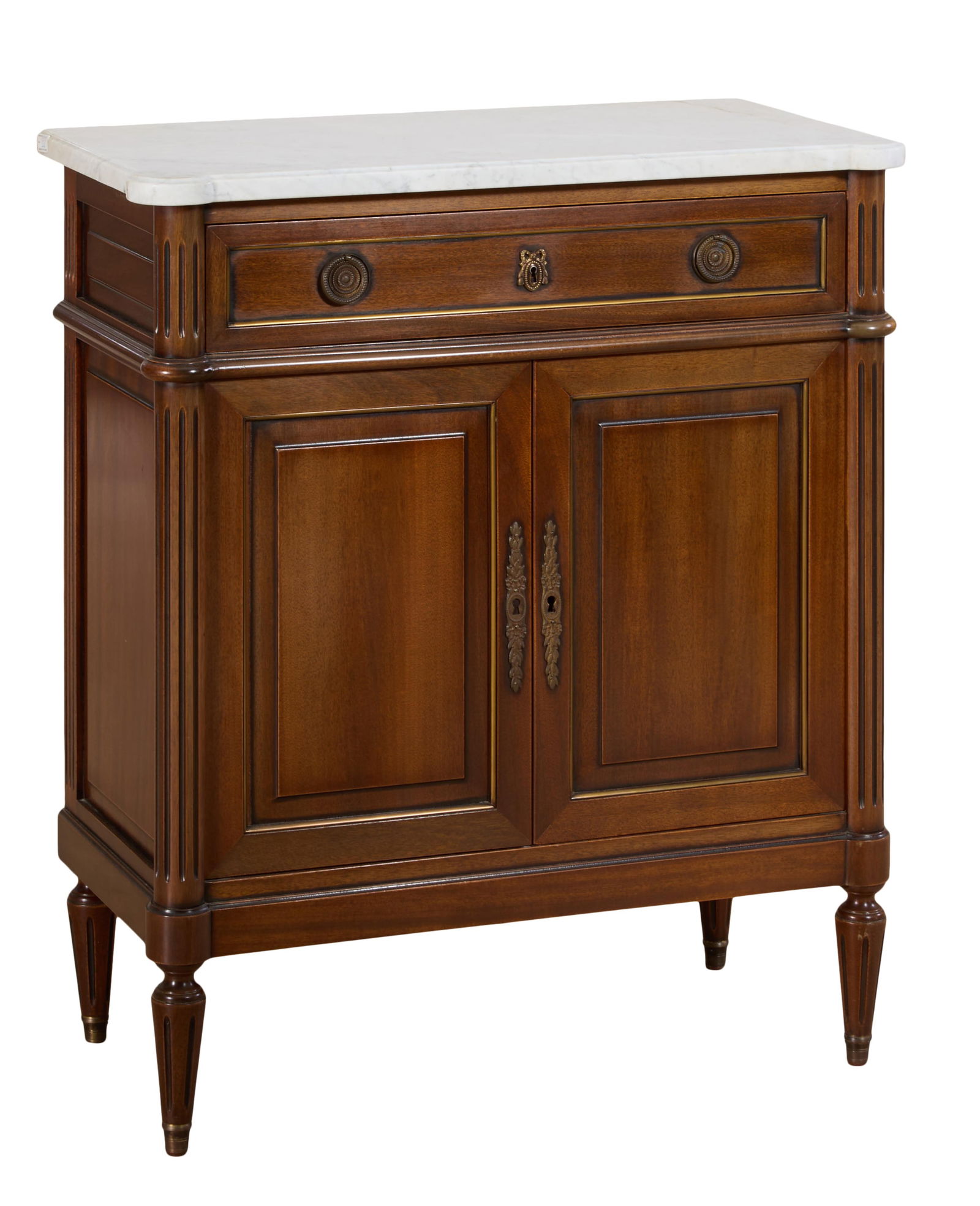 French Louis XVI Style Marble Top Walnut Server, 20th c., H.- 36 in., W.- 31 1/4 in., D.- 15 3/4 in. (1 of 2)