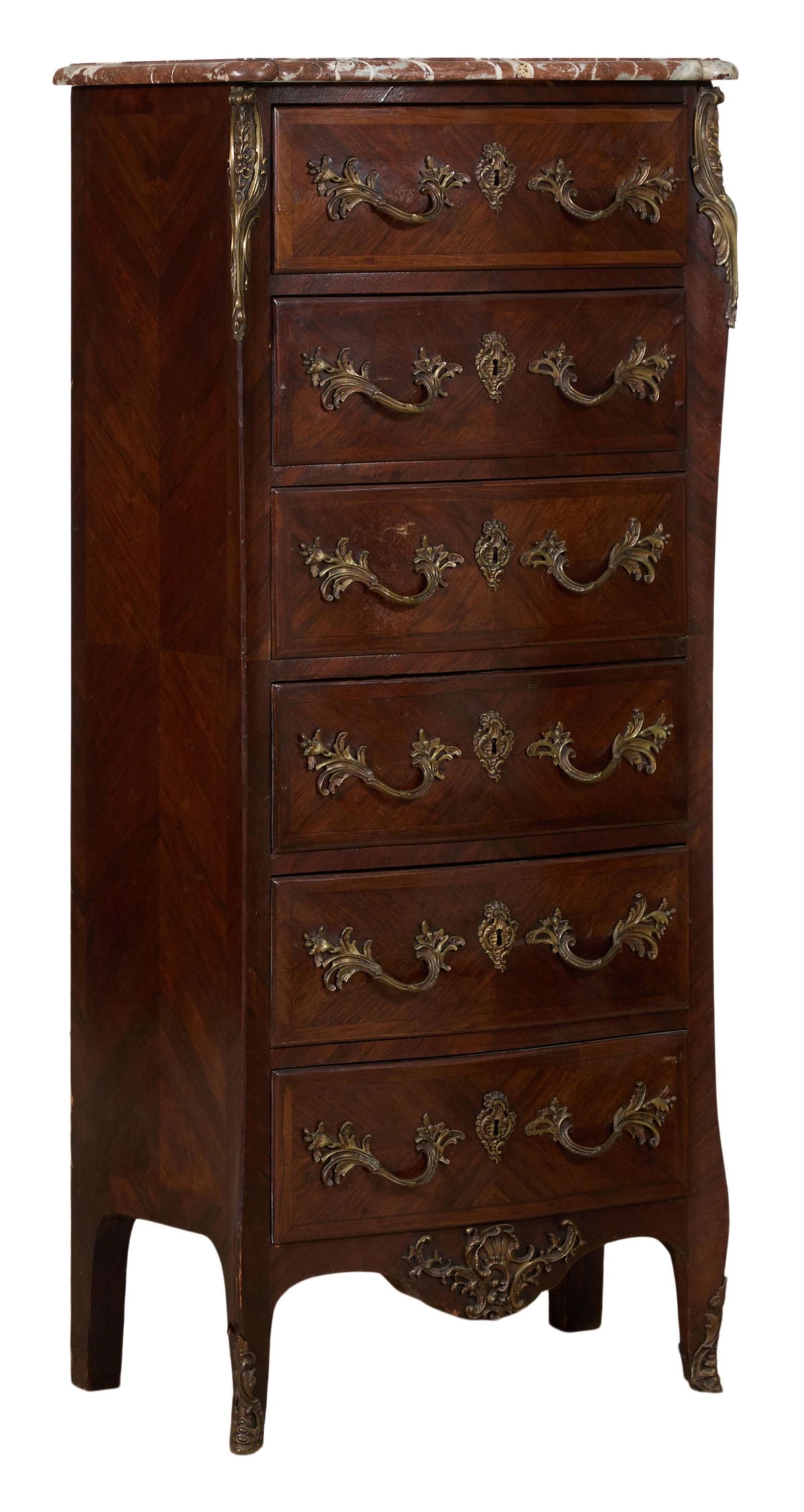 French Louis XV Style Marble Top Tall Chest, late 19th c., H.- 59 in., W.- 27 1/2 in., D.- 15 1/2 (1 of 2)