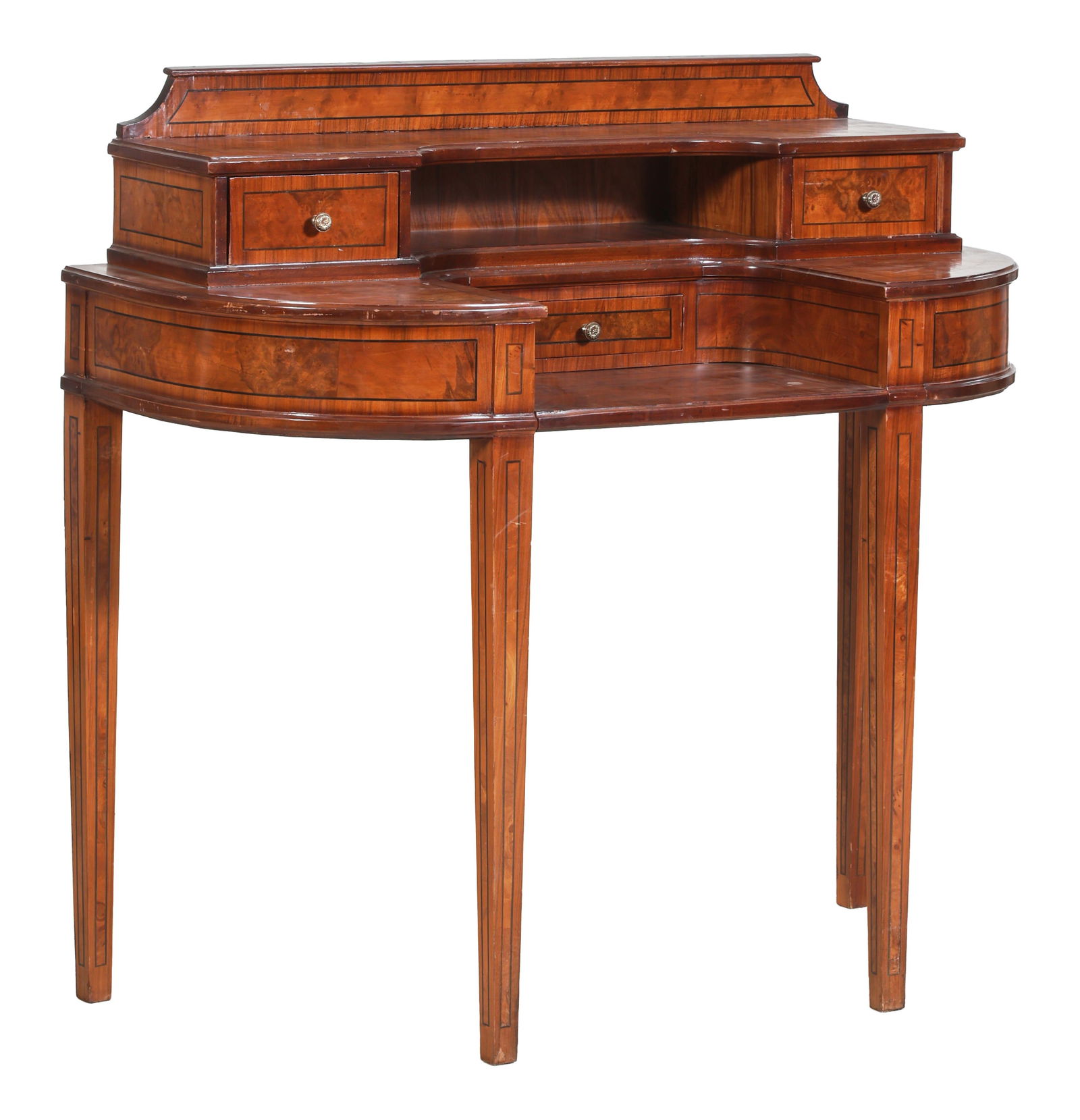 English Regency Style Inlaid Carlton Writing Desk, mid/late 20th c., H.- 45 1/2 in., W.- 47 1/2 in., (1 of 2)