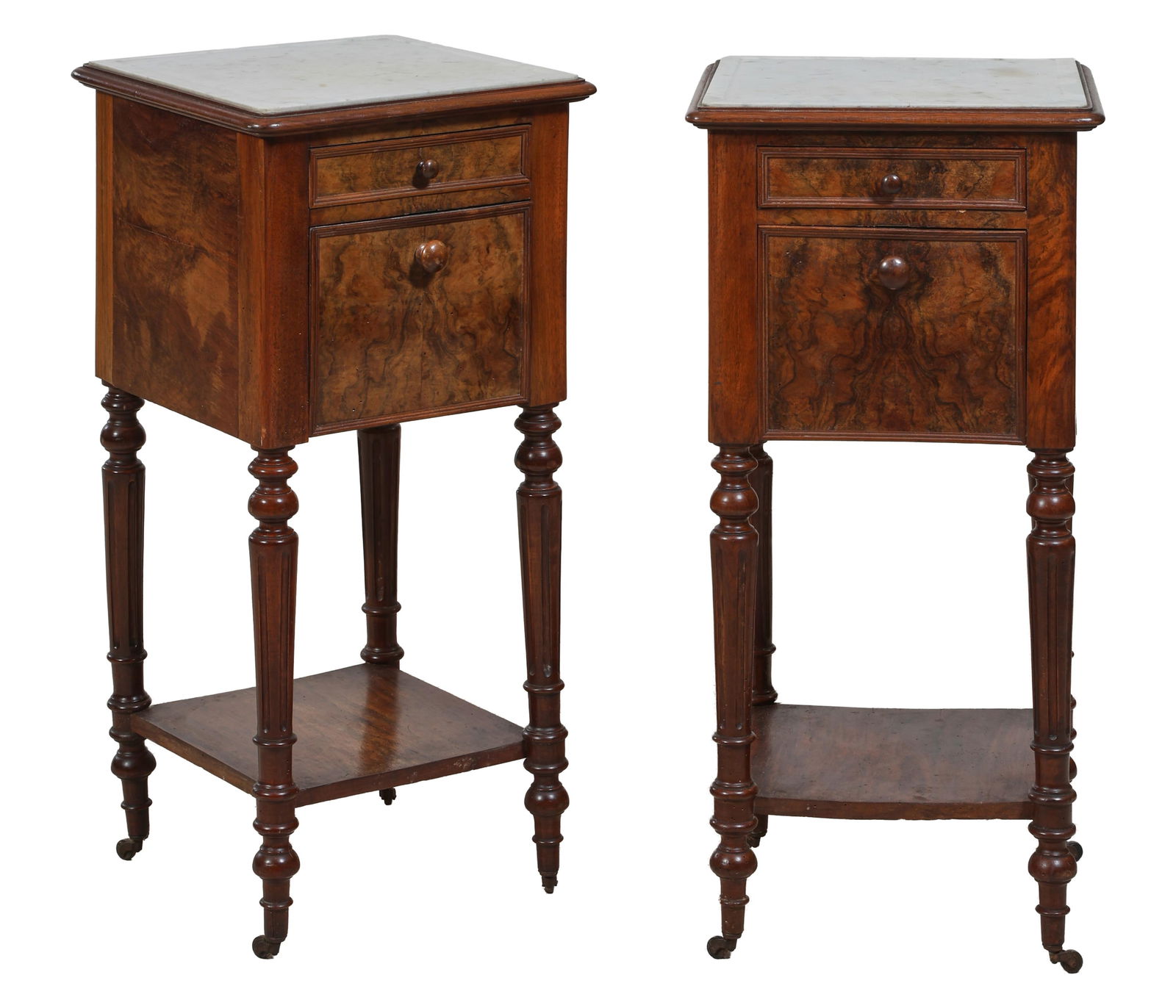 Pair of Henri II Style Marble Top Walnut Nightstands, late 19th c., Each- H.- 32 in., W.- 15 1/4 (1 of 3)