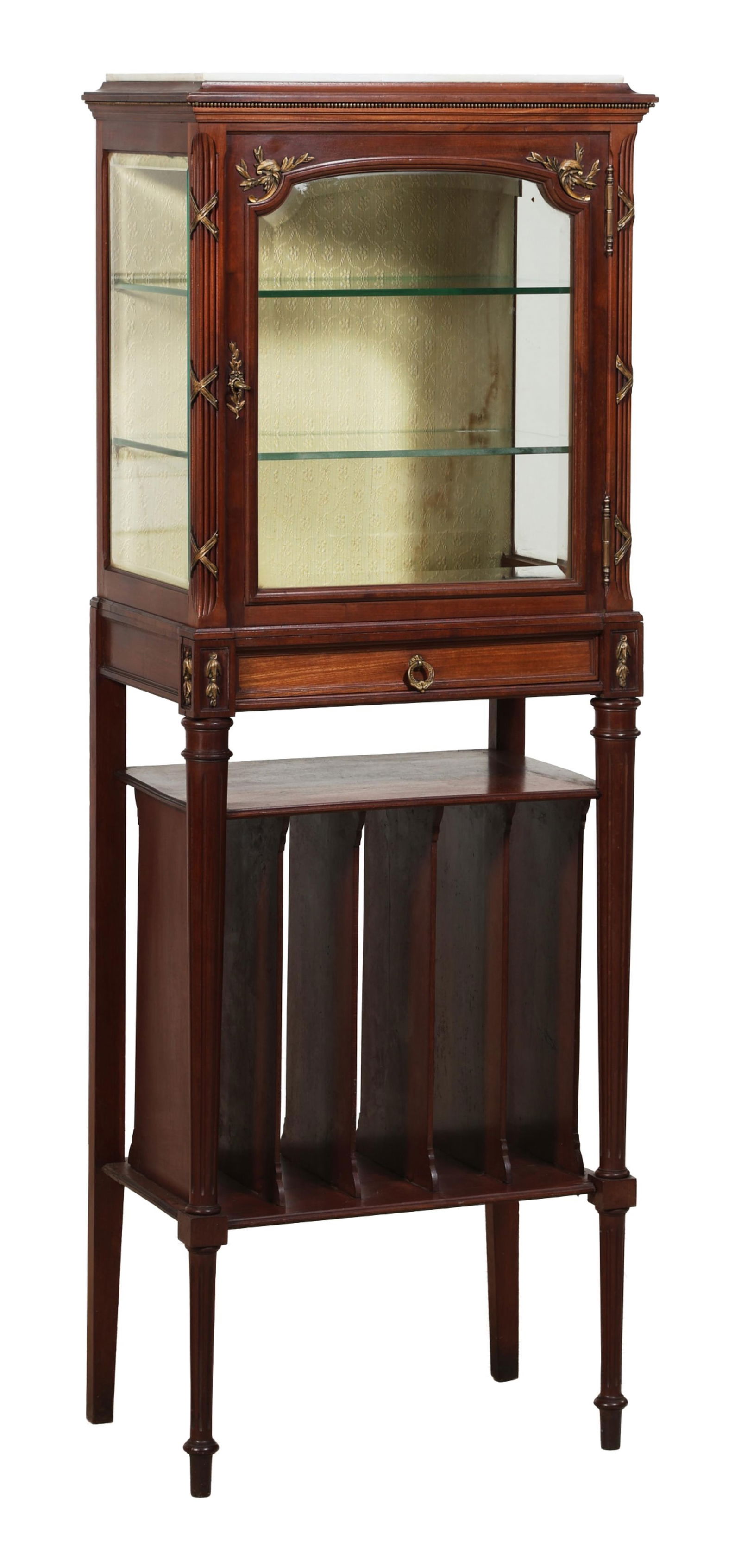 French Louis XVI Style Marble Top Carved Walnut Curio Music Cabinet, early 20th c., H.- 58 in., W.- (1 of 3)