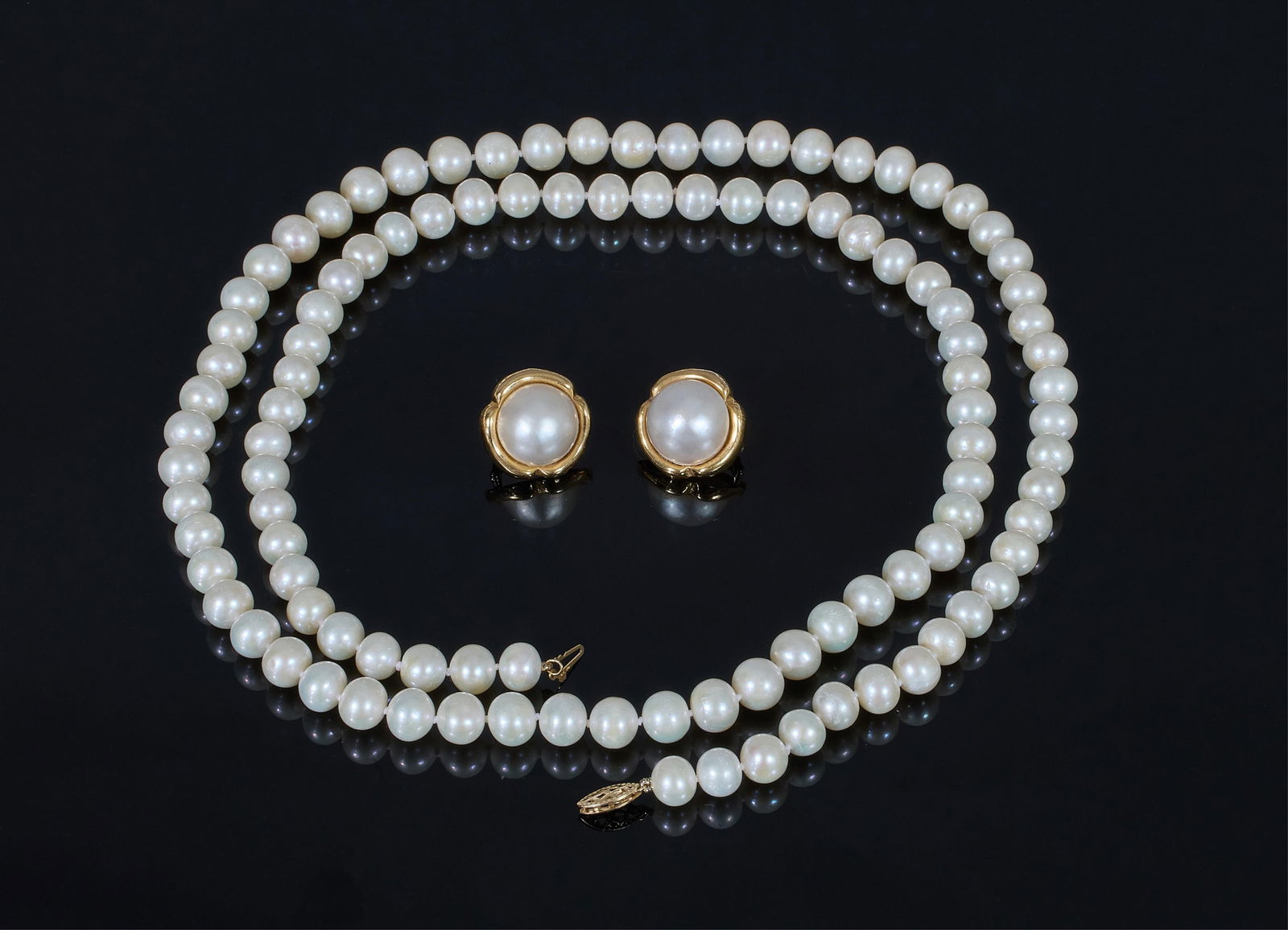Three Piece 14K Yellow Gold White Pearl Set, Strand - L.- 35 1/2 in.; Earrings- Dia.- 3/4 in. (3 (1 of 2)