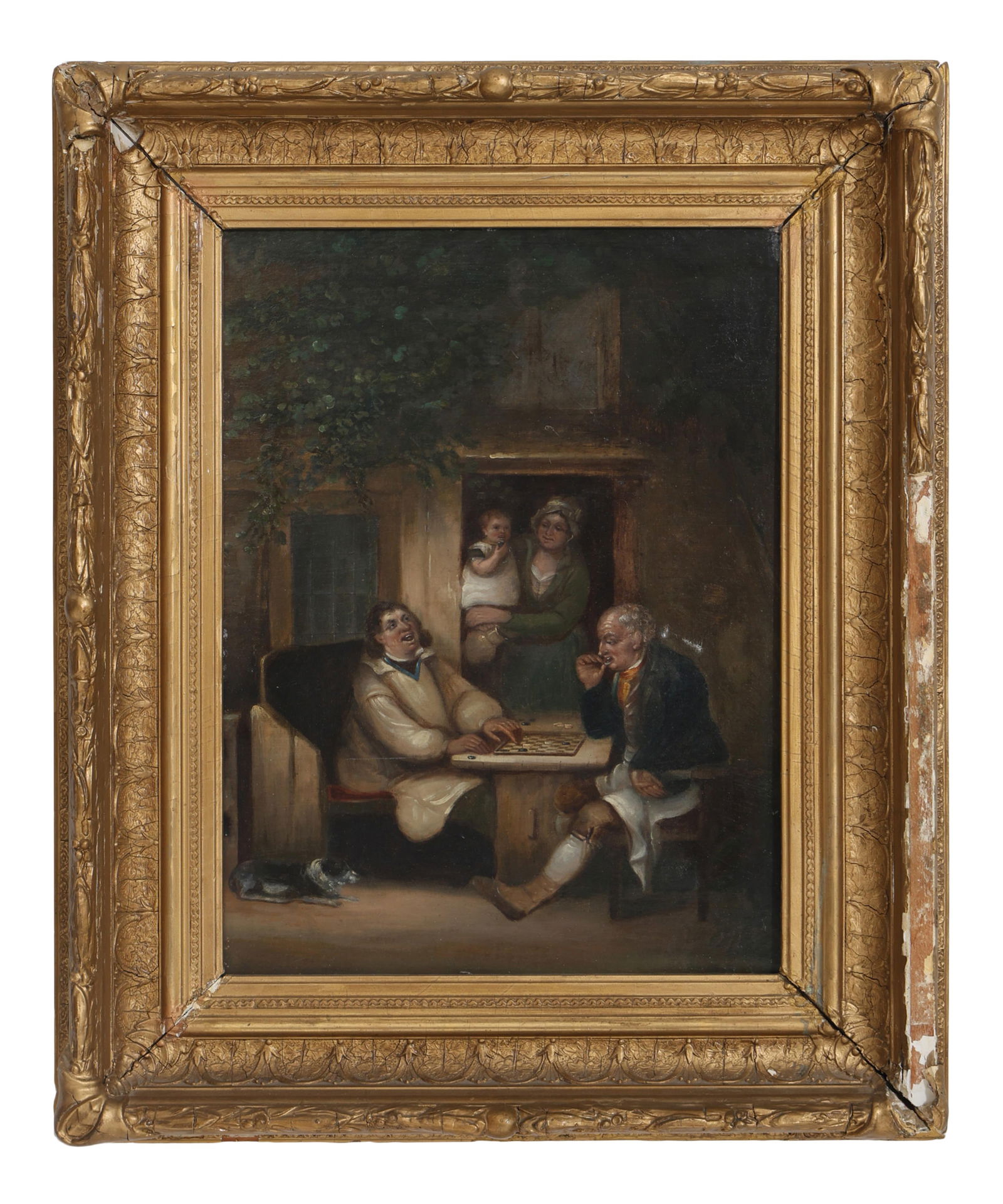 Continental School (20th Century), "Tavern Chess Players," H.- 19 1/8 in., W.- 14 in., Framed H.- 26: Continental School (20th Century), "Tavern Chess Players," oil on canvas, unsigned, presented in a gilt and gesso frame, H.- 19 1/8 in., W.- 14 in., Framed H.- 26 in., W.- 21 3/4 in.
