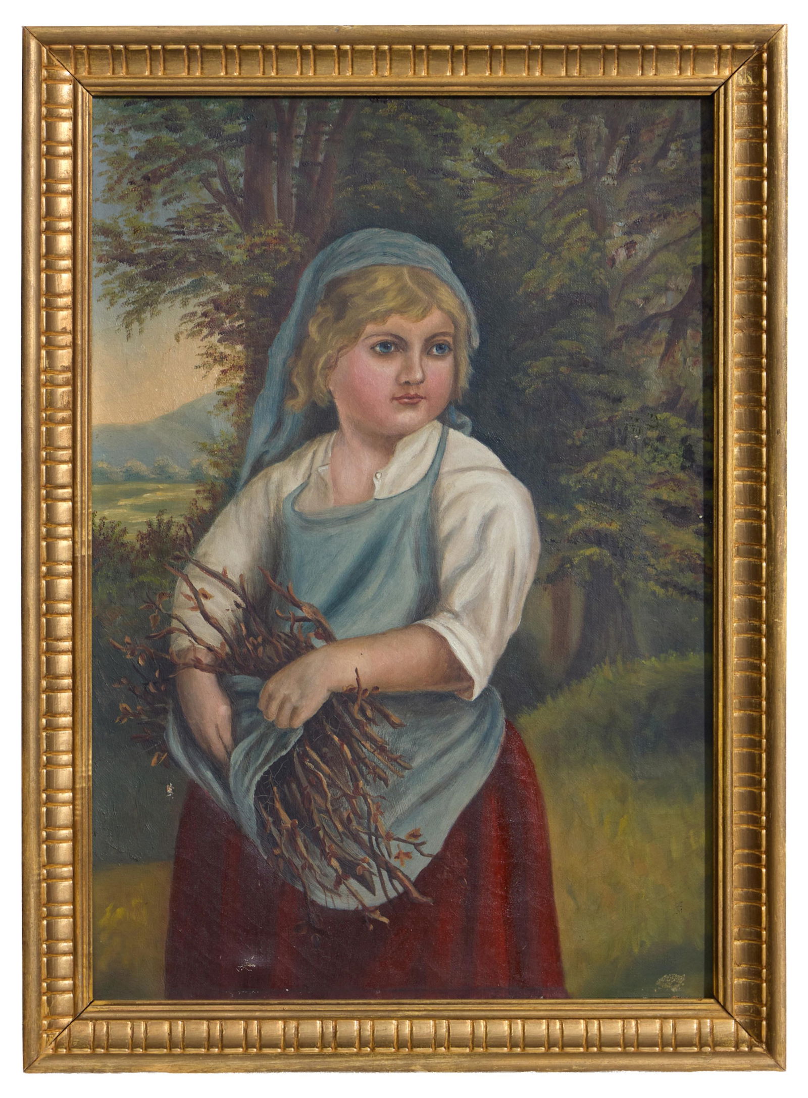 Continental School (20th Century), "Young Peasant Girl Gathering Sticks," H.- 19 3/4 in., W.- 13 3/4: Continental School (20th Century), "Young Peasant Girl Gathering Sticks," oil on canvas, unsigned, presented in a giltwood frame, H.- 19 3/4 in., W.- 13 3/4 in., Framed- H.- 22 1/2 in., W.- 16 1/2 in.