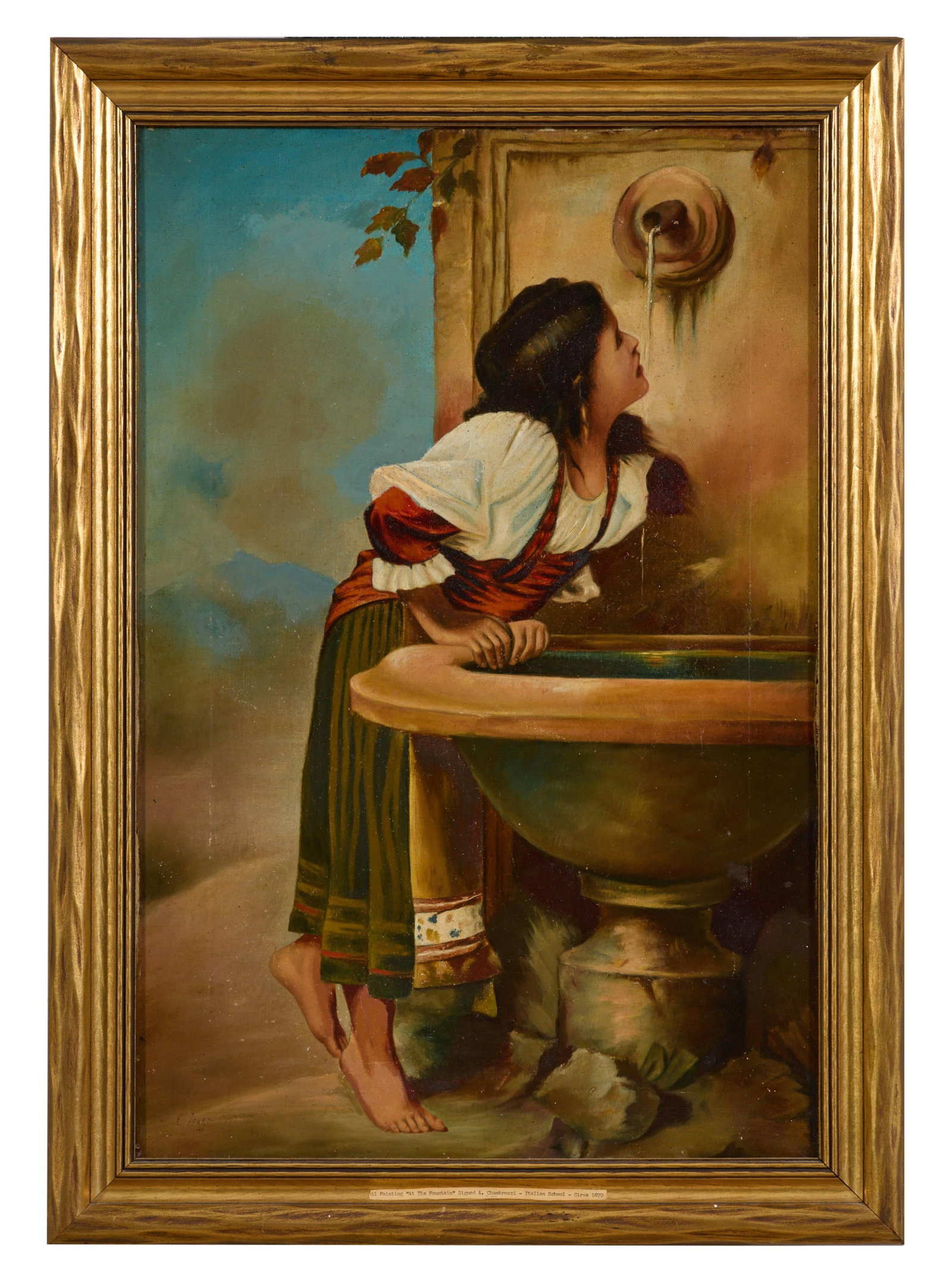Italian School (19th Century), "Girl Drinking from Fountain,", H.- 24 in., W.- 16 in., Framed- H.-: Italian School (19th Century), "Girl Drinking from Fountain," oil on canvas, indistinctly signed lower left, mid-20th century label affixed to front of frame with the signature attribution "A. Chambro