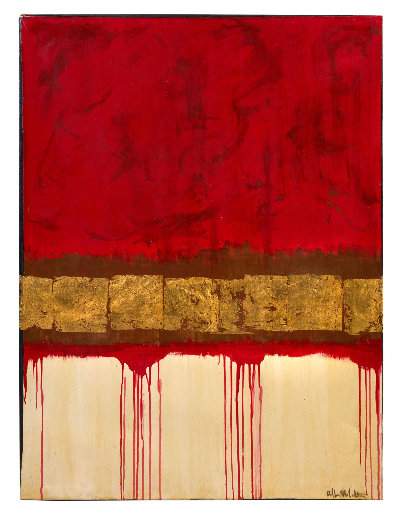 Allen Melton (American/Mississippi, b. 1964), "Untitled: Red, Gold Leaf and Beige Abstract," H.- 48: Allen Melton (American/Mississippi, b. 1964), "Untitled: Red, Gold Leaf and Beige Abstract," acrylic on canvas, signed lower right, unframed, H.- 48 in., W.- 36 in. Provenance: The Estate of Joseph A.