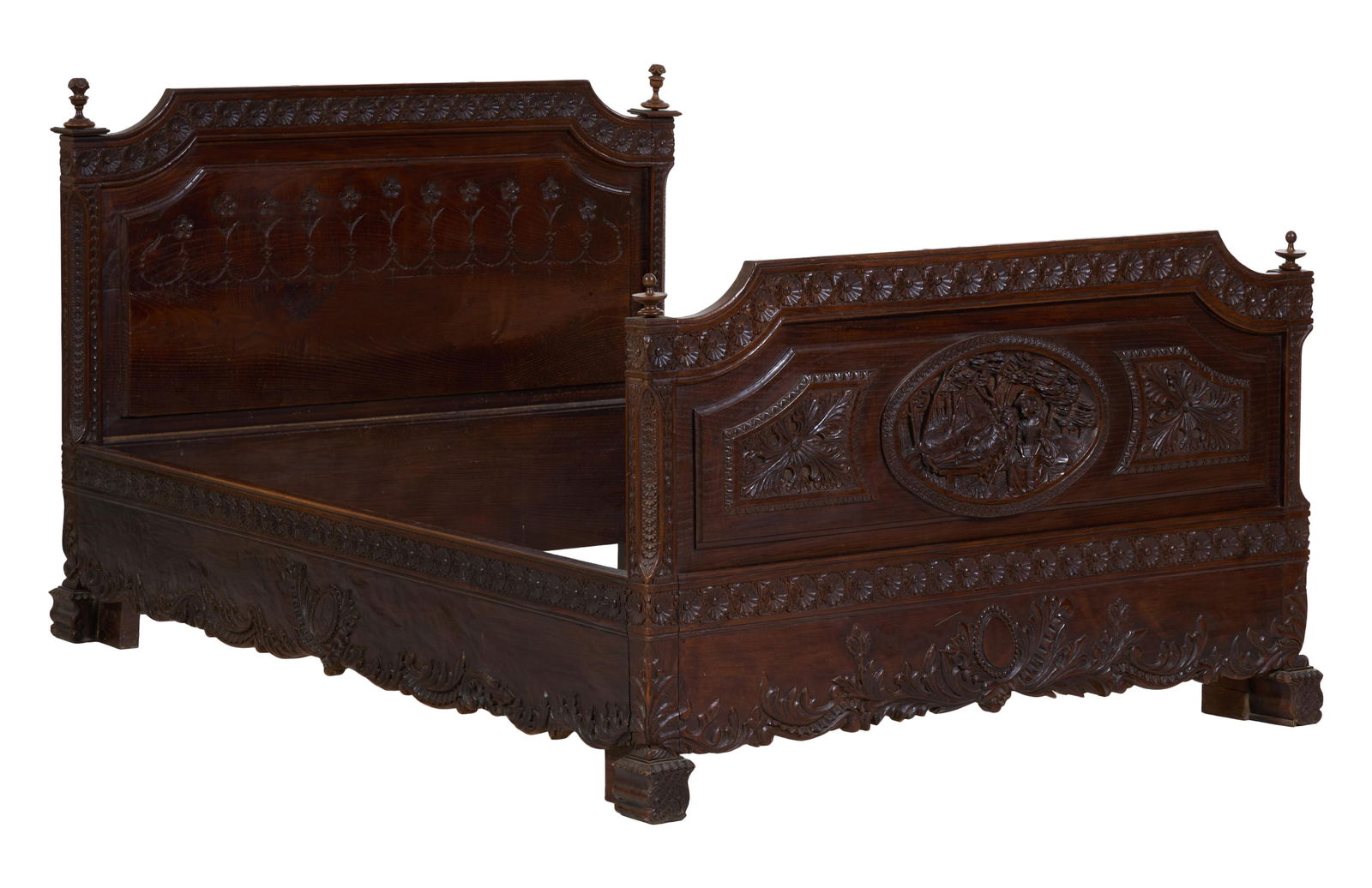 French Brittany Highly Carved Walnut Bed, late 19th c., H.- 42 in., W.- 52 in., L.- 74 in. (1 of 5)