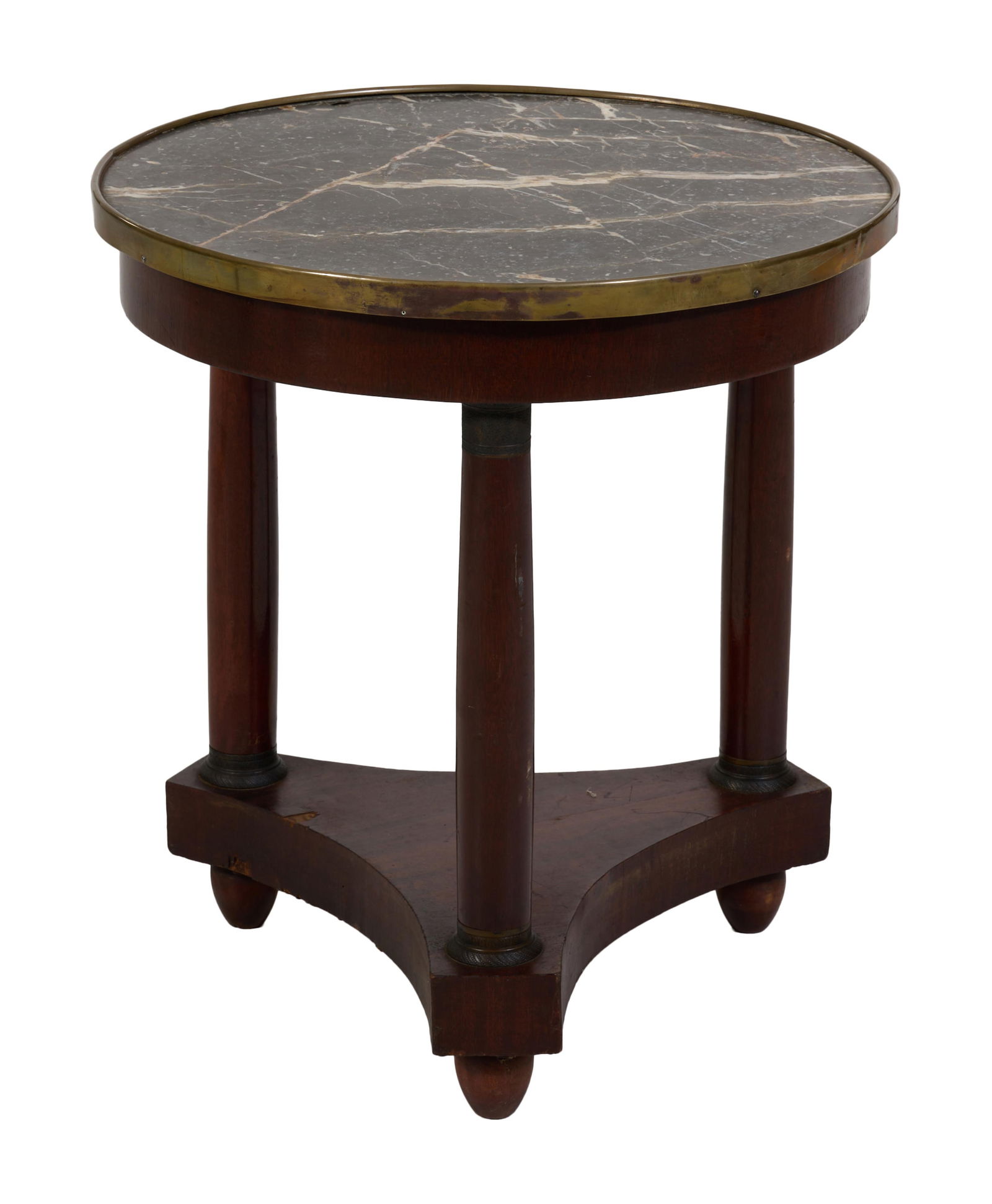 French Empire Brass Mounted Marble Top Mahogany Side Table, early 19th c., H.- 21 1/2 in., Dia.- 20 (1 of 2)