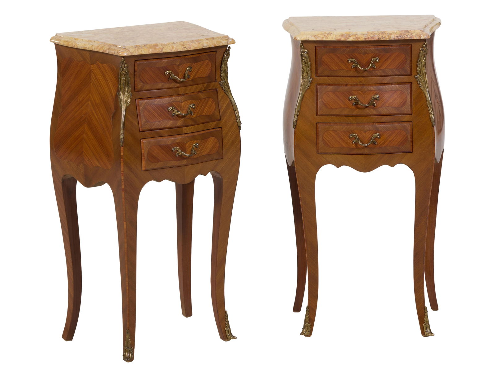 Pair of Louis XV Style Marble Top Parquetry Nightstands, late 19th c., H.- 29 1/2 in., W.- 16 in., (1 of 3)