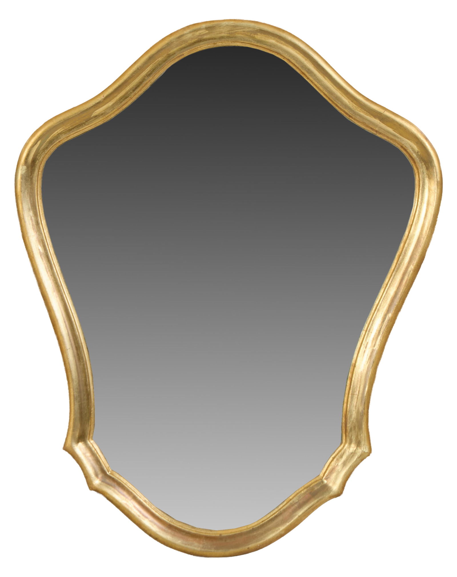French Louis XV Style Mirror, 20th c., H.- 23 3/4 in., W.- 19 in.: French Louis XV Style Mirror, 20th c., the arched top into wide shoulders, spurred rounded bottom, moulded surround, aged mirror plate, H.- 23 3/4 in., W.- 19 in.