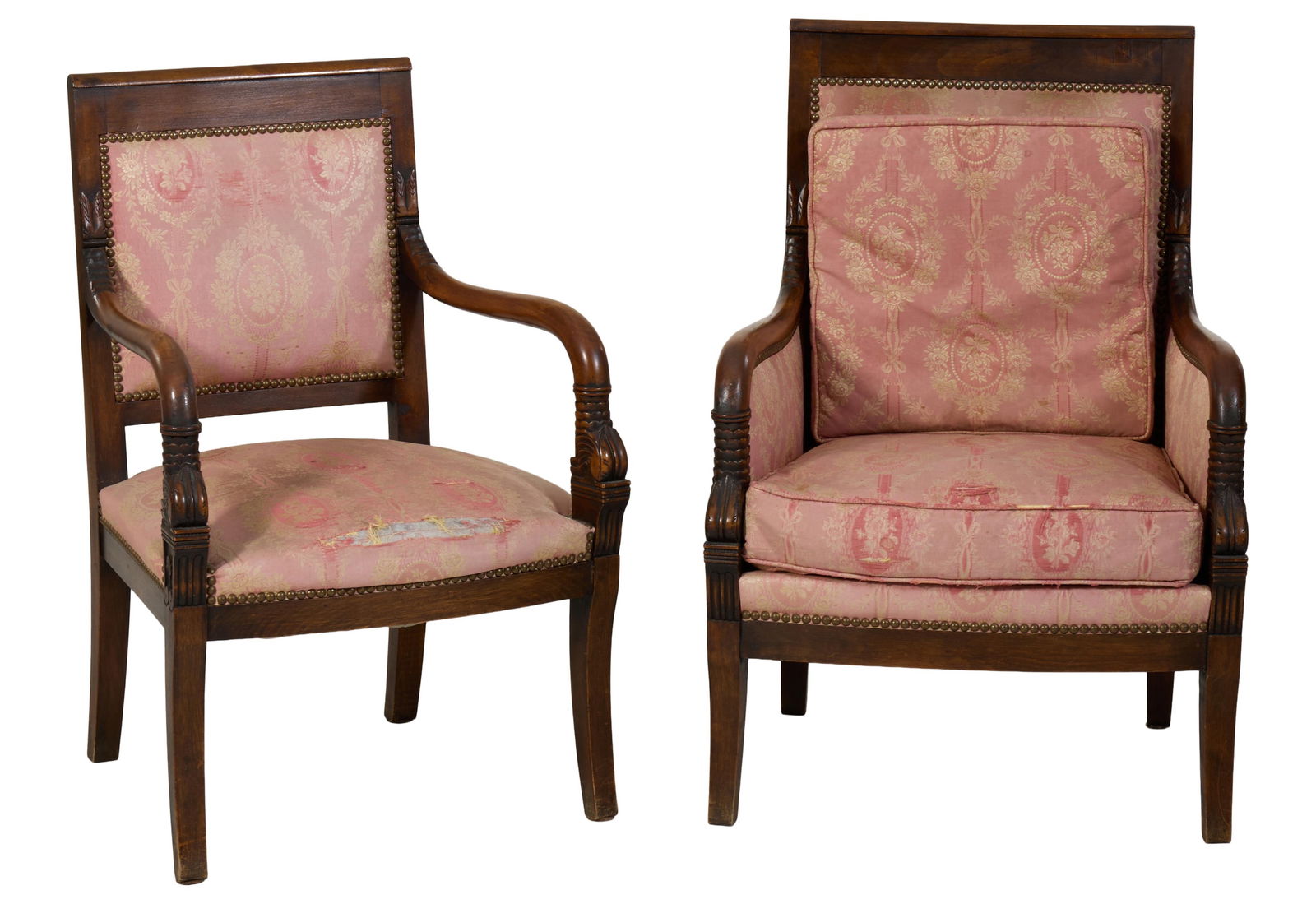 Two French Empire Mahogany Arm Chairs, early 19th c., Fauteuil- H.- 35 in., W.- 23 in., D.- 20 in.; (1 of 5)