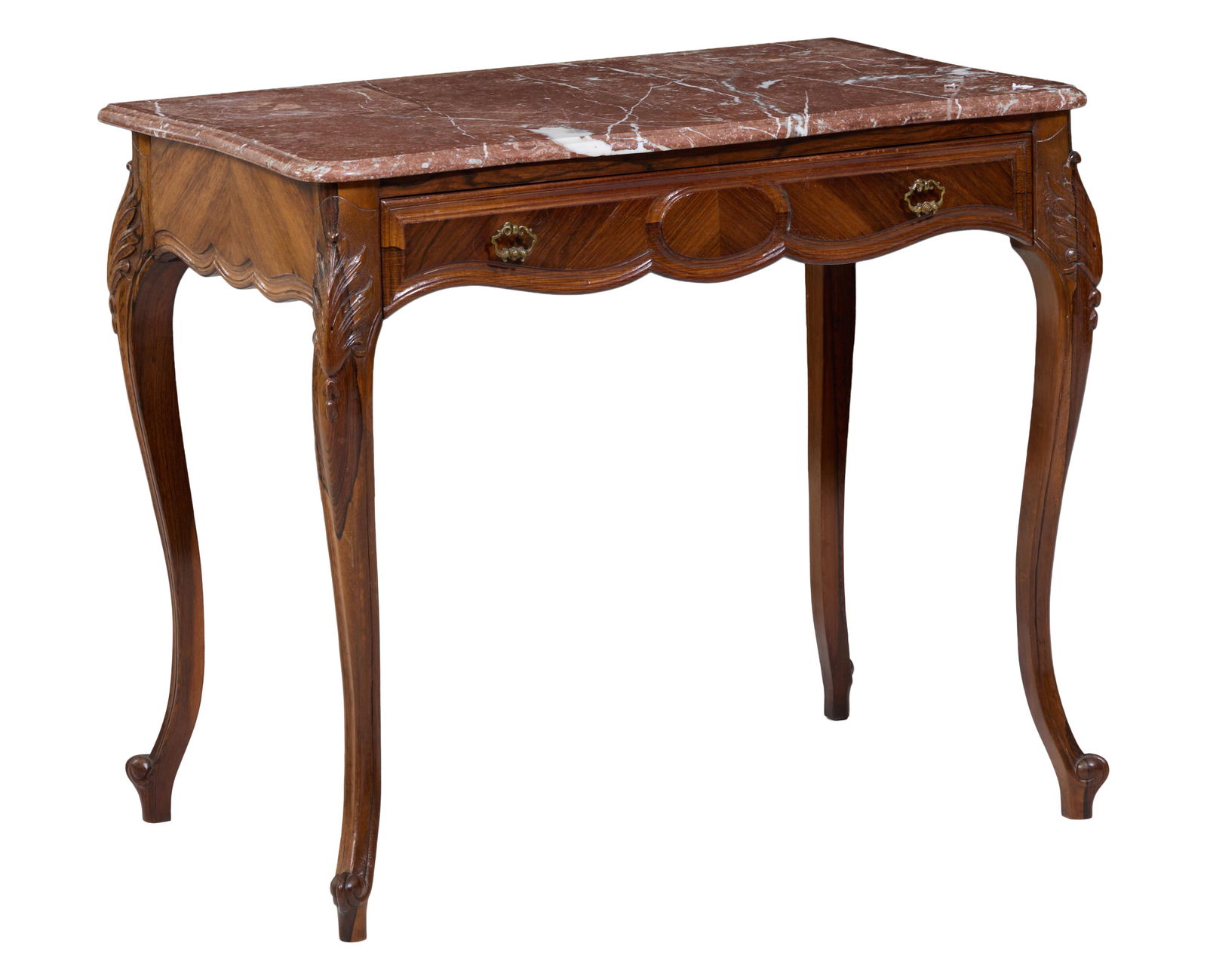 French Louis XV Style Marble Top Parquetry Walnut Console, late 19th c., H.- 29 in., W.- 35 in., D.- (1 of 2)